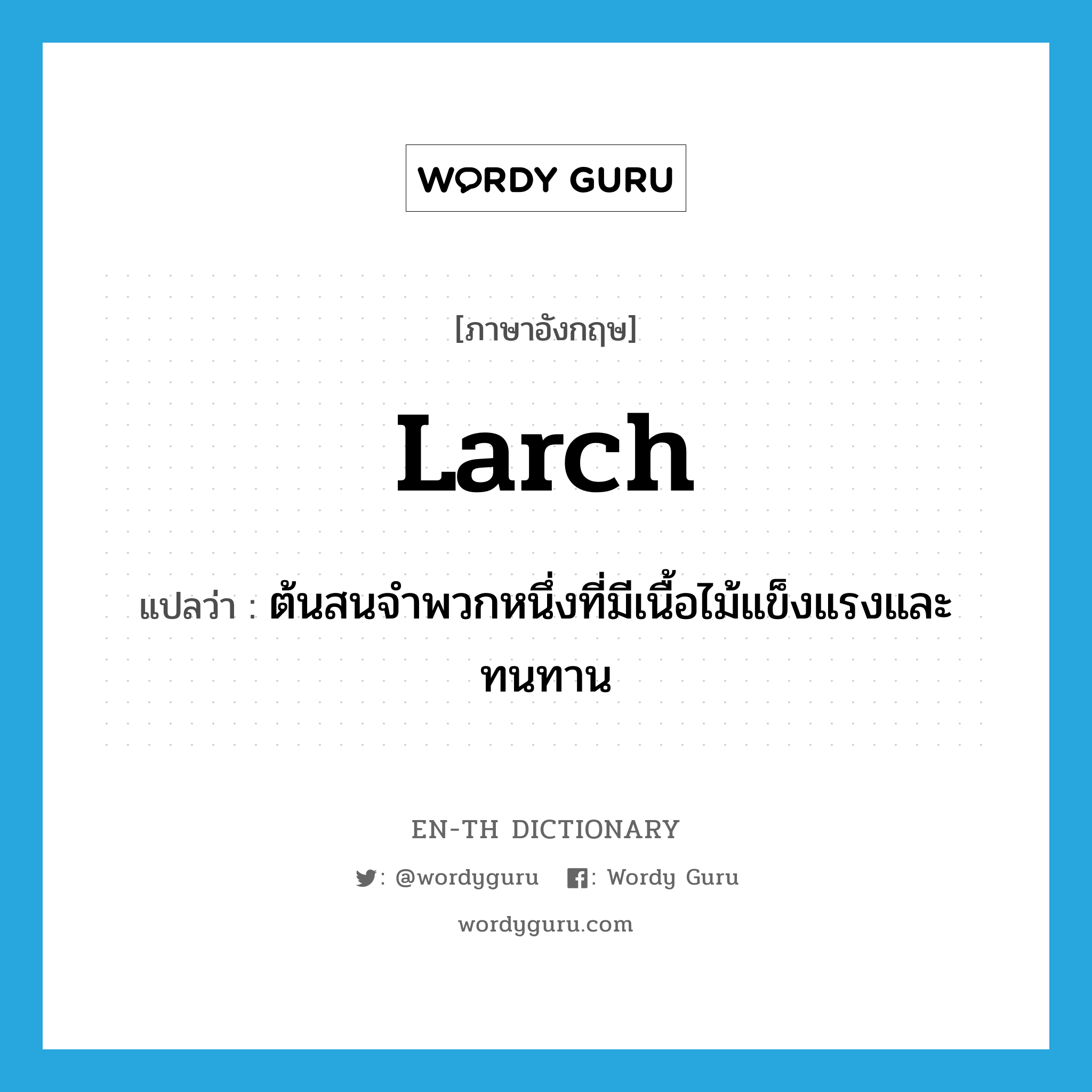 larch แปลว่า?, คำศัพท์ภาษาอังกฤษ larch แปลว่า ต้นสนจำพวกหนึ่งที่มีเนื้อไม้แข็งแรงและทนทาน ประเภท N หมวด N