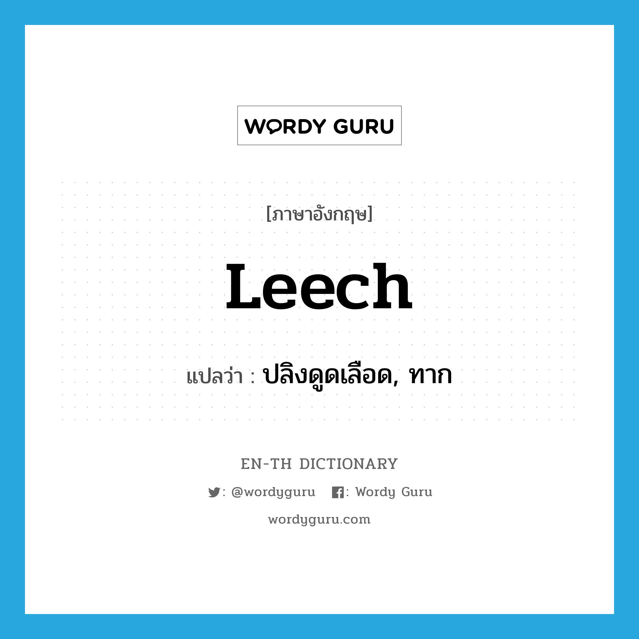 leech แปลว่า?, คำศัพท์ภาษาอังกฤษ leech แปลว่า ปลิงดูดเลือด, ทาก ประเภท N หมวด N