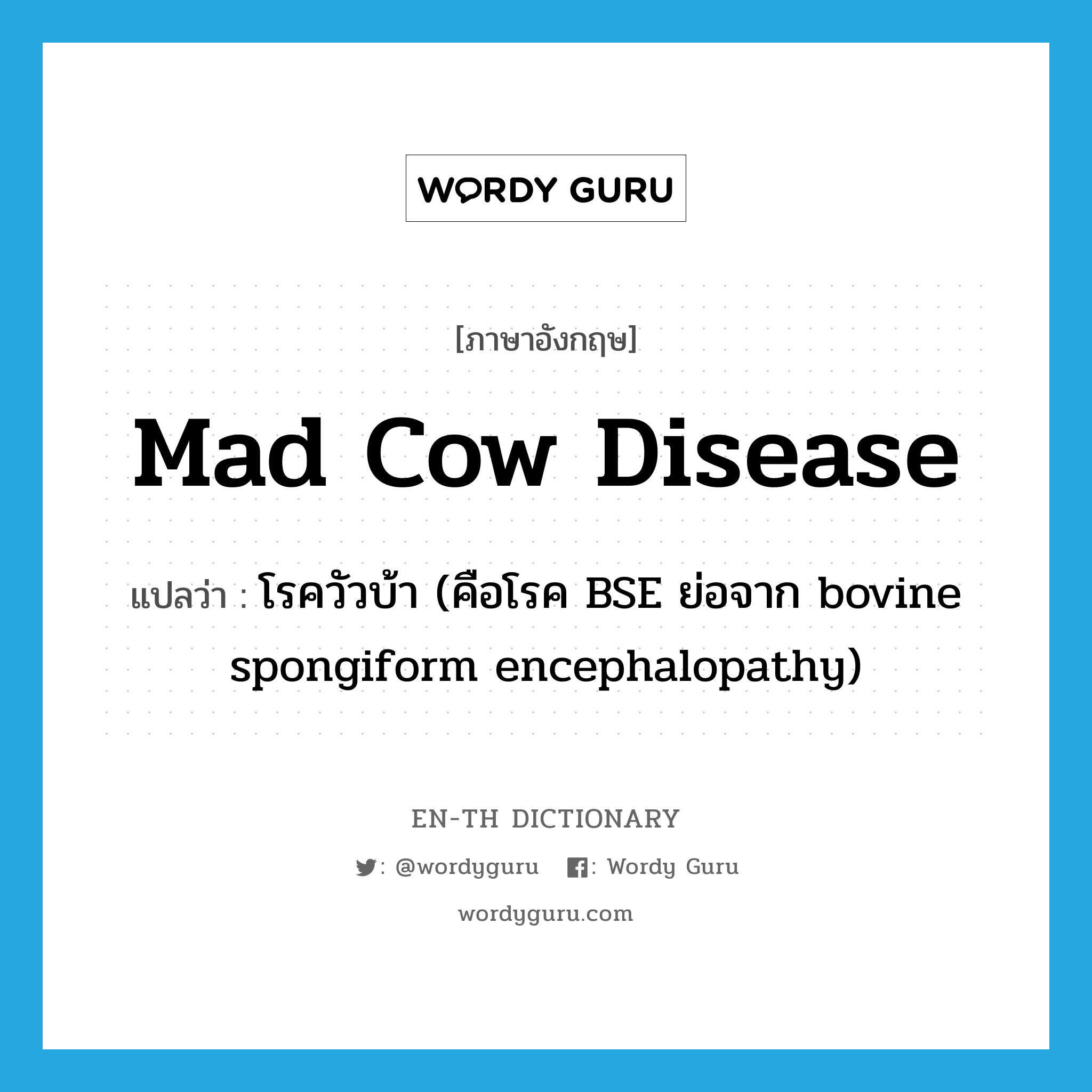 โรควัวบ้า (คือโรค BSE ย่อจาก bovine spongiform encephalopathy) ภาษาอังกฤษ?, คำศัพท์ภาษาอังกฤษ โรควัวบ้า (คือโรค BSE ย่อจาก bovine spongiform encephalopathy) แปลว่า mad cow disease ประเภท N หมวด N