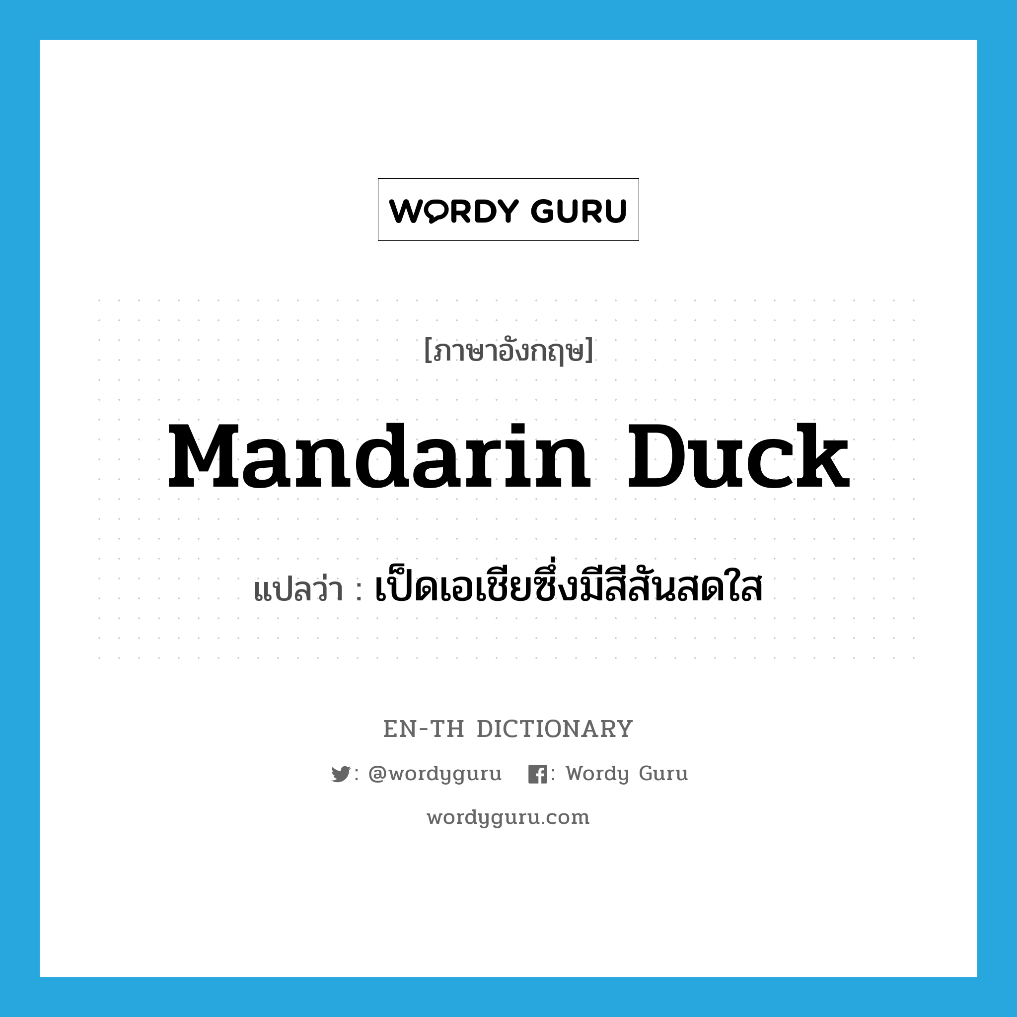 Mandarin duck แปลว่า?, คำศัพท์ภาษาอังกฤษ Mandarin duck แปลว่า เป็ดเอเชียซึ่งมีสีสันสดใส ประเภท N หมวด N