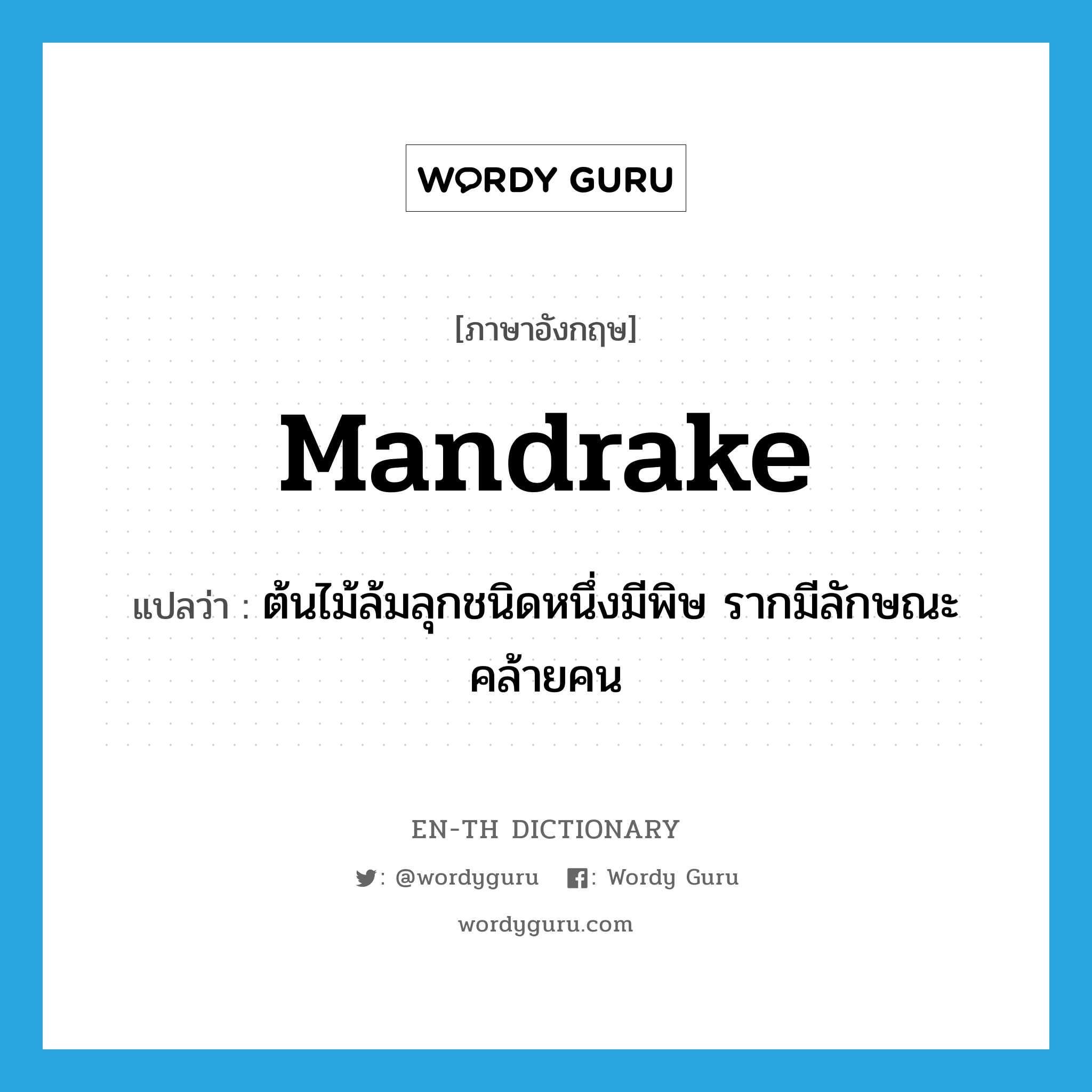 mandrake แปลว่า?, คำศัพท์ภาษาอังกฤษ mandrake แปลว่า ต้นไม้ล้มลุกชนิดหนึ่งมีพิษ รากมีลักษณะคล้ายคน ประเภท N หมวด N