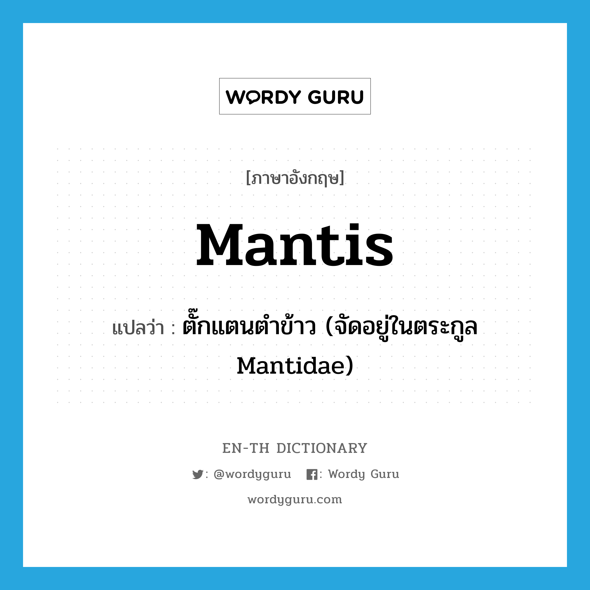 ตั๊กแตนตำข้าว (จัดอยู่ในตระกูล Mantidae) ภาษาอังกฤษ?, คำศัพท์ภาษาอังกฤษ ตั๊กแตนตำข้าว (จัดอยู่ในตระกูล Mantidae) แปลว่า mantis ประเภท N หมวด N
