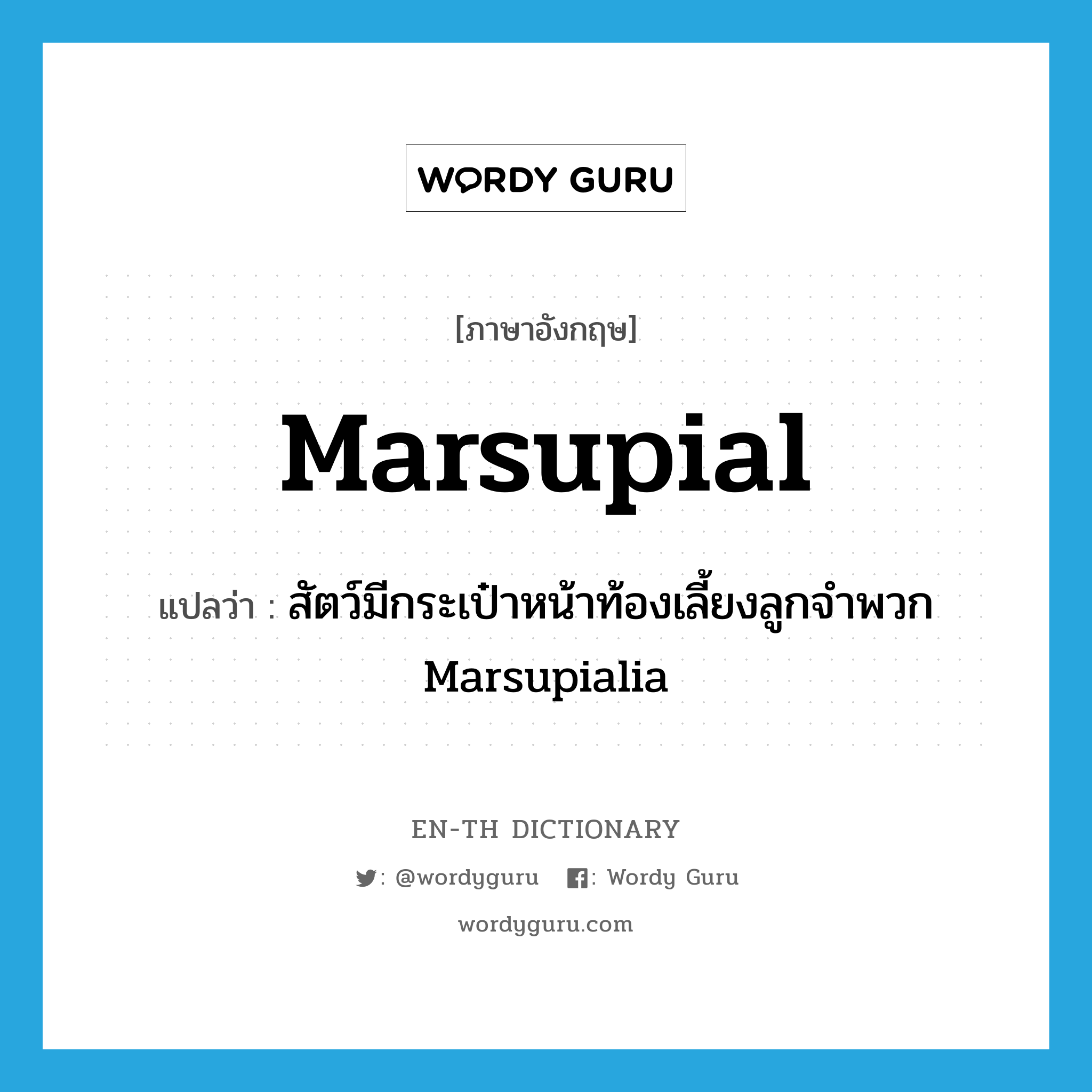 marsupial แปลว่า?, คำศัพท์ภาษาอังกฤษ marsupial แปลว่า สัตว์มีกระเป๋าหน้าท้องเลี้ยงลูกจำพวก Marsupialia ประเภท N หมวด N