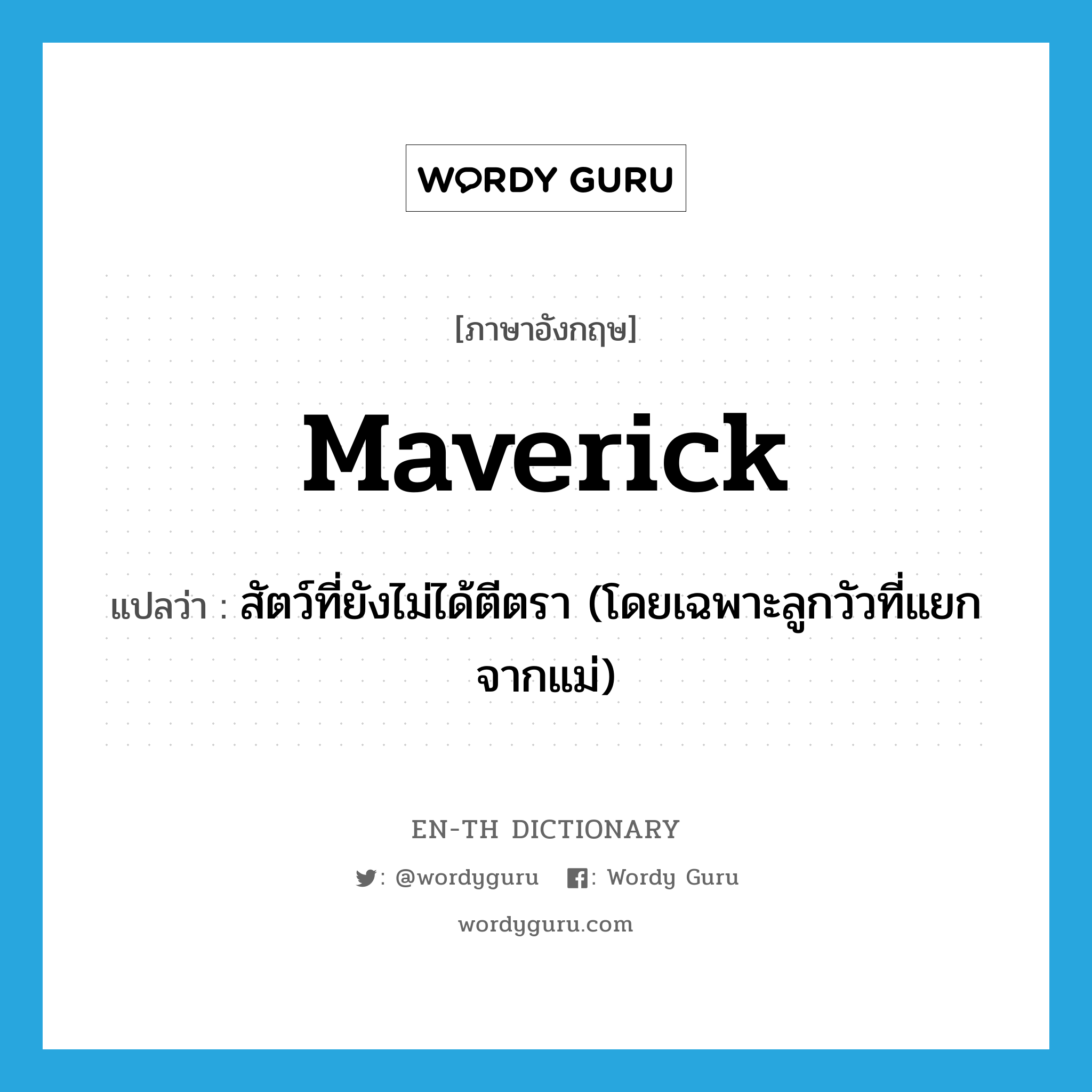 maverick แปลว่า?, คำศัพท์ภาษาอังกฤษ maverick แปลว่า สัตว์ที่ยังไม่ได้ตีตรา (โดยเฉพาะลูกวัวที่แยกจากแม่) ประเภท N หมวด N