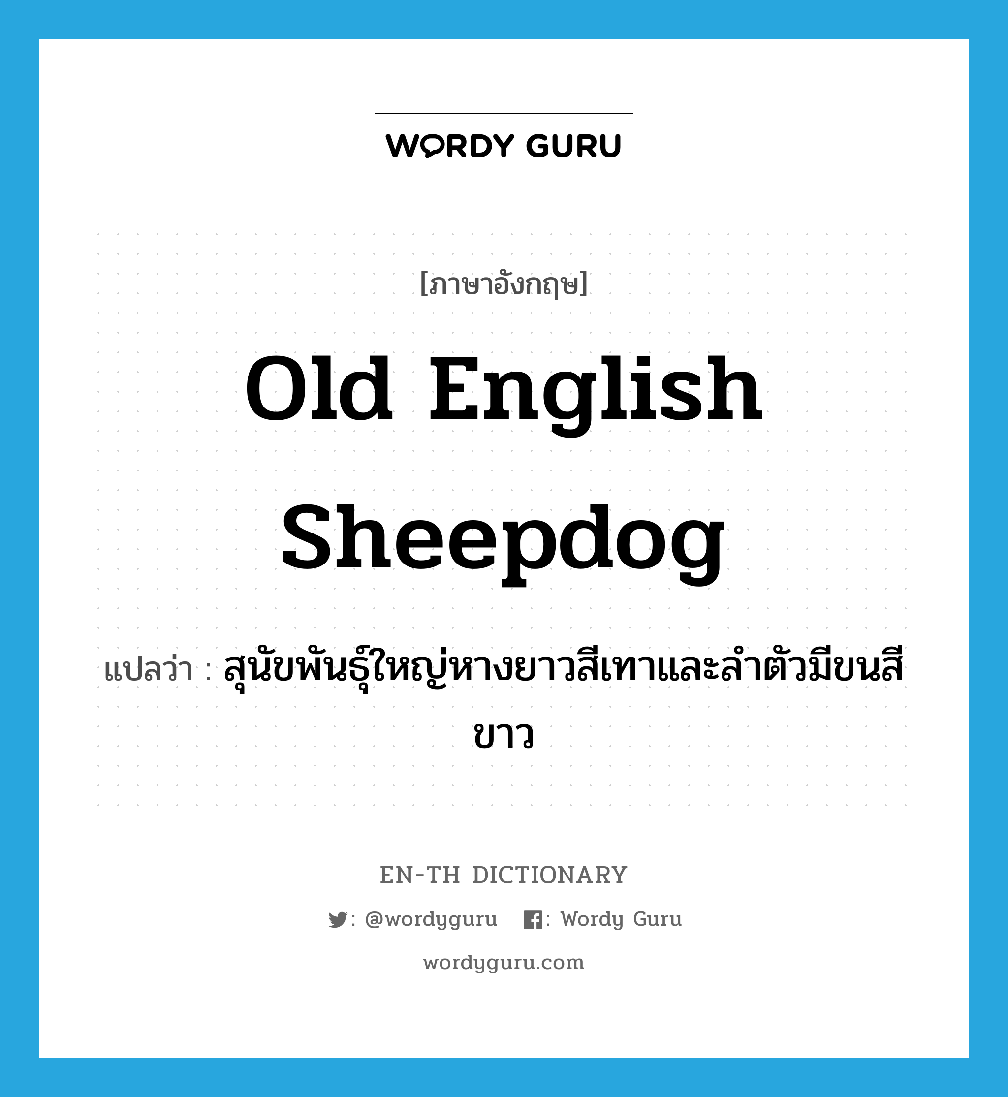 Old English sheepdog แปลว่า?, คำศัพท์ภาษาอังกฤษ Old English sheepdog แปลว่า สุนัขพันธุ์ใหญ่หางยาวสีเทาและลำตัวมีขนสีขาว ประเภท N หมวด N