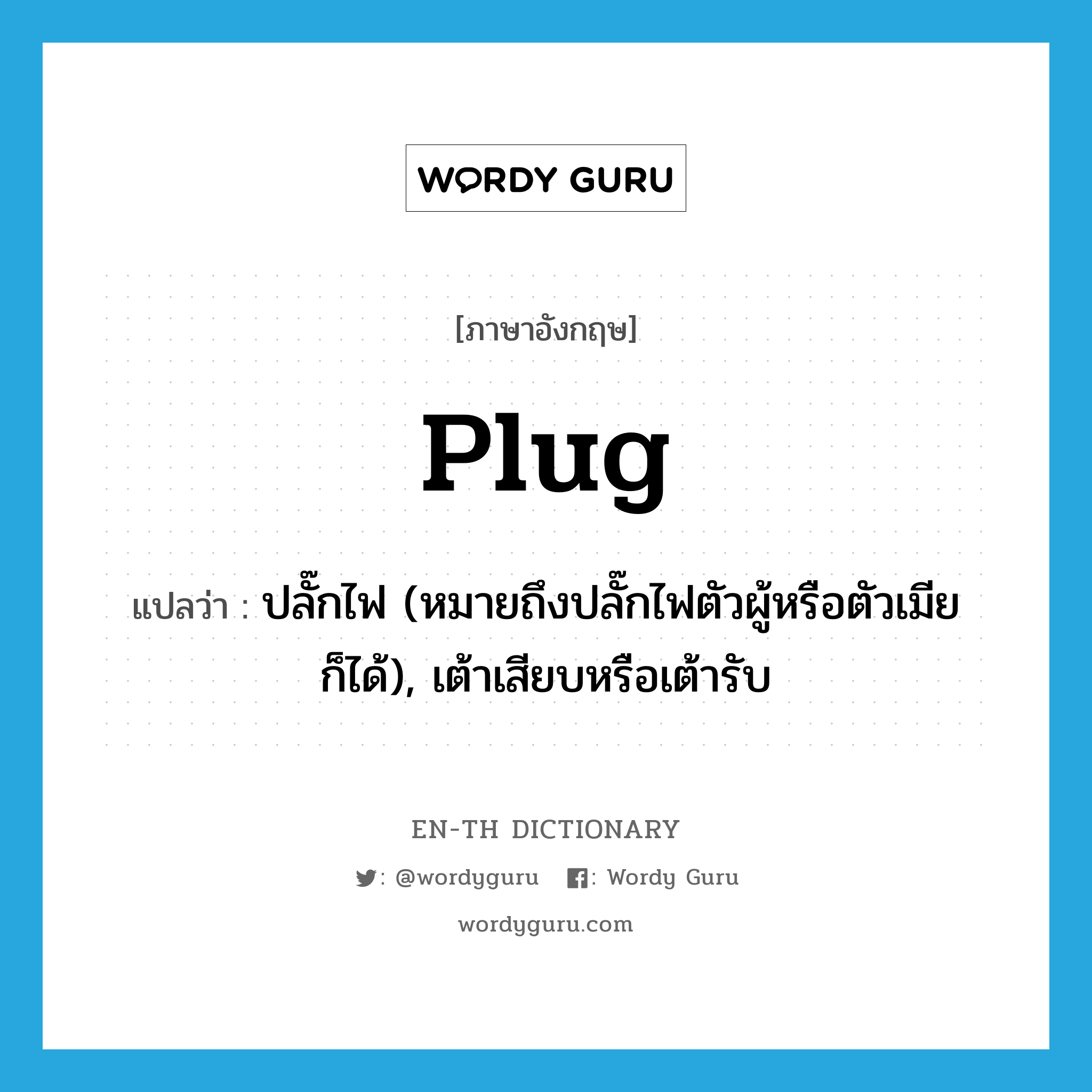 plug แปลว่า?, คำศัพท์ภาษาอังกฤษ plug แปลว่า ปลั๊กไฟ (หมายถึงปลั๊กไฟตัวผู้หรือตัวเมียก็ได้), เต้าเสียบหรือเต้ารับ ประเภท N หมวด N