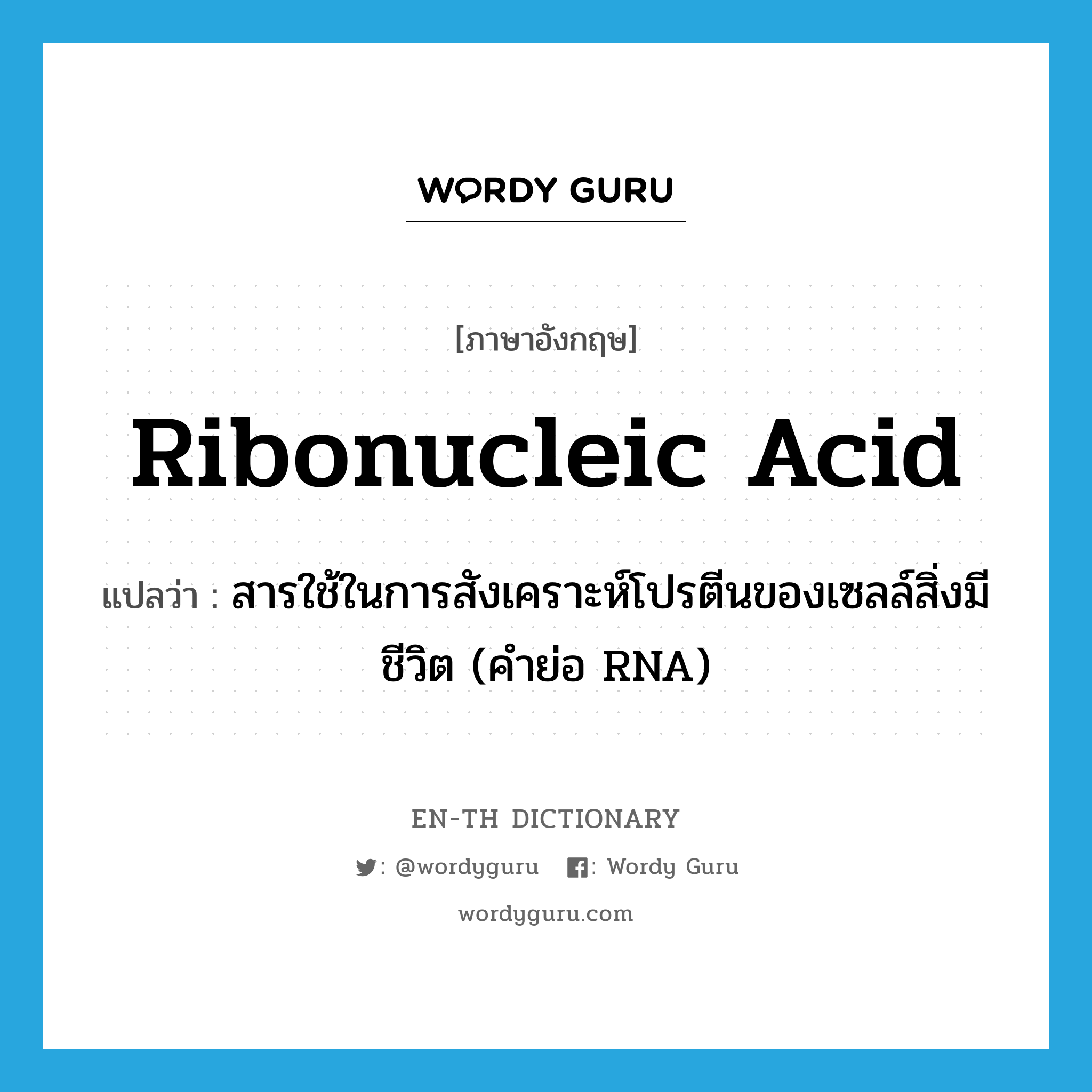 ribonucleic acid แปลว่า?, คำศัพท์ภาษาอังกฤษ ribonucleic acid แปลว่า สารใช้ในการสังเคราะห์โปรตีนของเซลล์สิ่งมีชีวิต (คำย่อ RNA) ประเภท N หมวด N