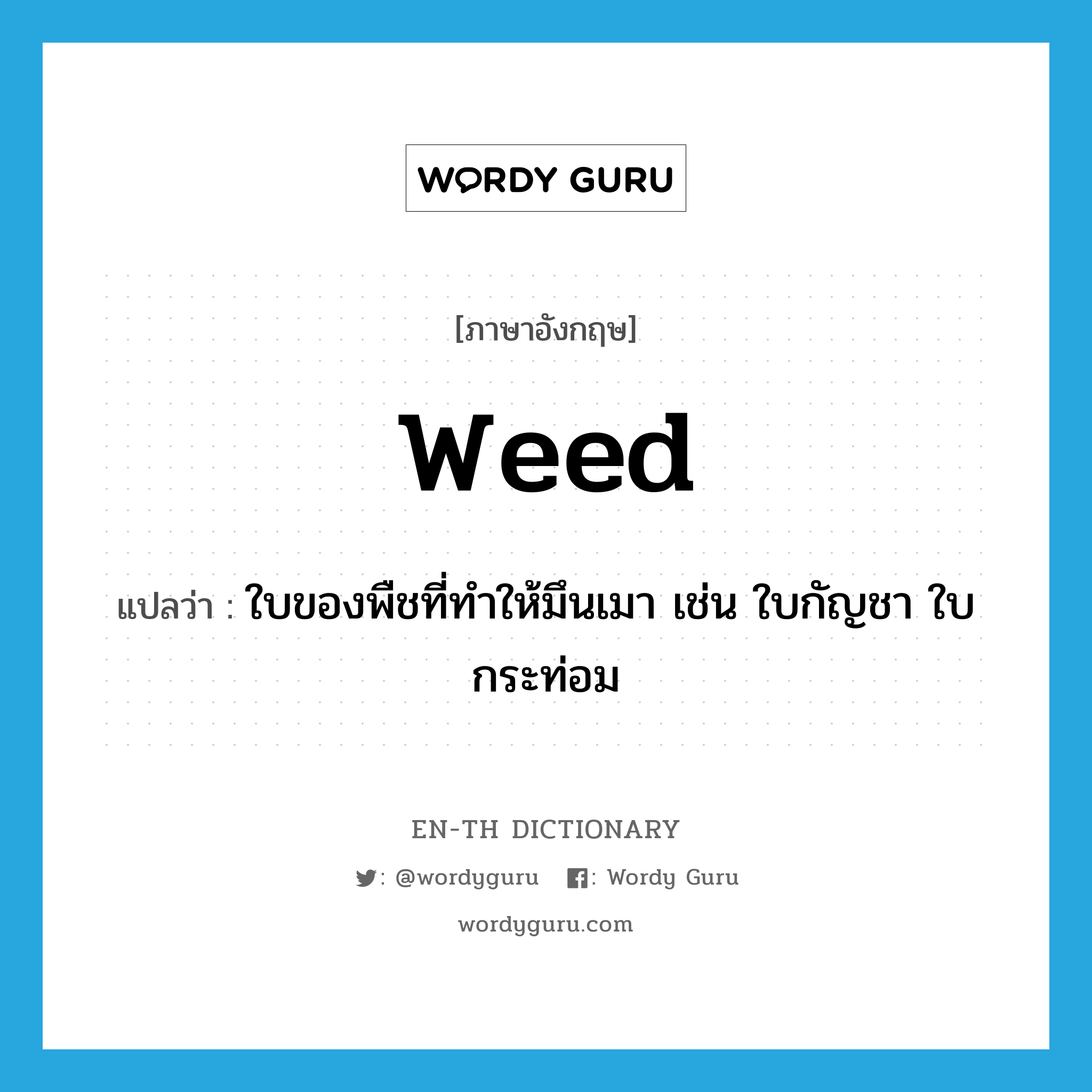 weed แปลว่า?, คำศัพท์ภาษาอังกฤษ weed แปลว่า ใบของพืชที่ทำให้มึนเมา เช่น ใบกัญชา ใบกระท่อม ประเภท SL หมวด SL