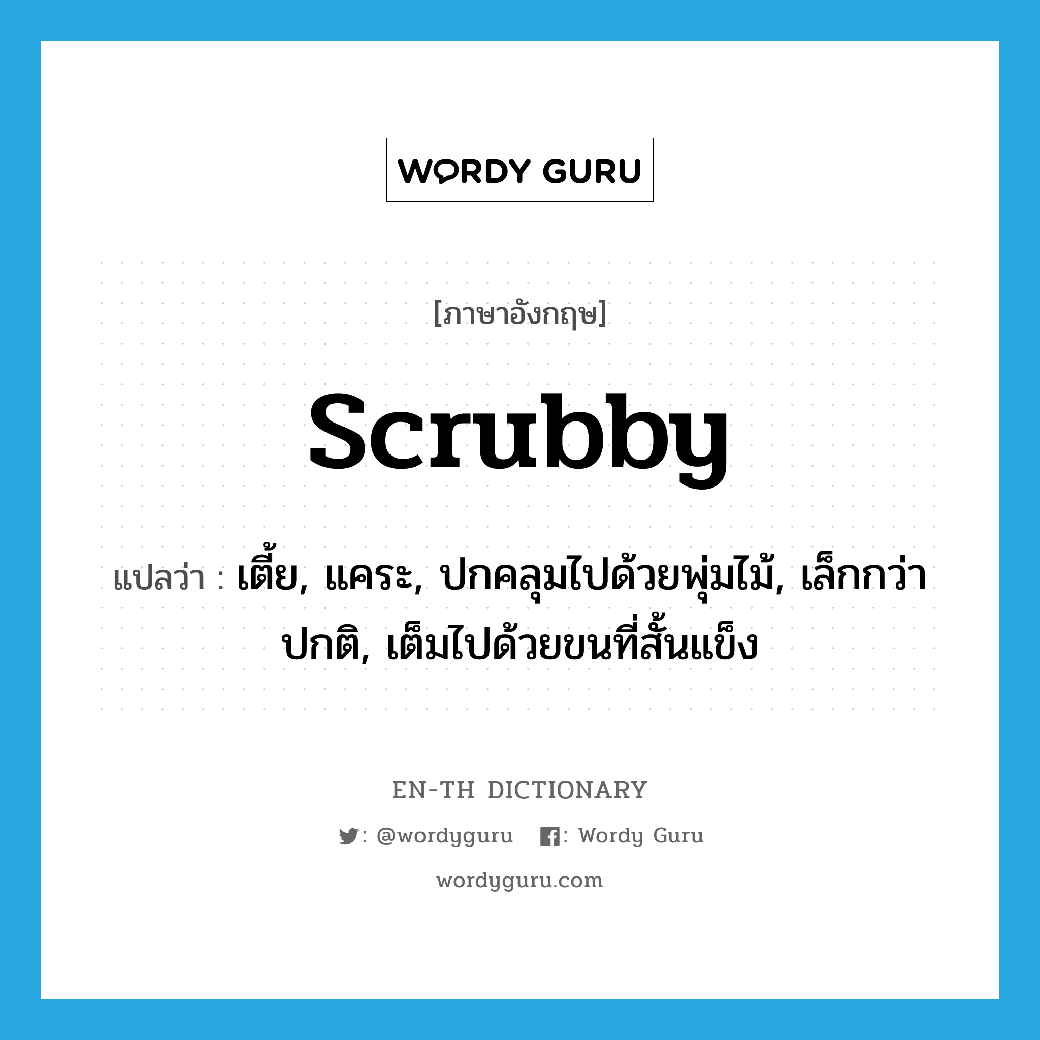 scrubby แปลว่า?, คำศัพท์ภาษาอังกฤษ scrubby แปลว่า เตี้ย, แคระ, ปกคลุมไปด้วยพุ่มไม้, เล็กกว่าปกติ, เต็มไปด้วยขนที่สั้นแข็ง ประเภท ADJ หมวด ADJ