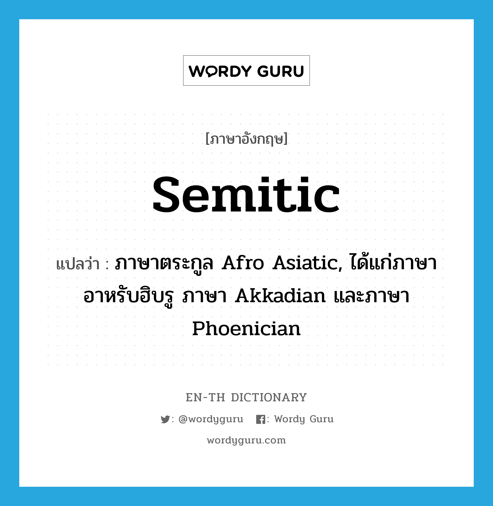semitic แปลว่า?, คำศัพท์ภาษาอังกฤษ semitic แปลว่า ภาษาตระกูล Afro Asiatic, ได้แก่ภาษาอาหรับฮิบรู ภาษา Akkadian และภาษา Phoenician ประเภท N หมวด N