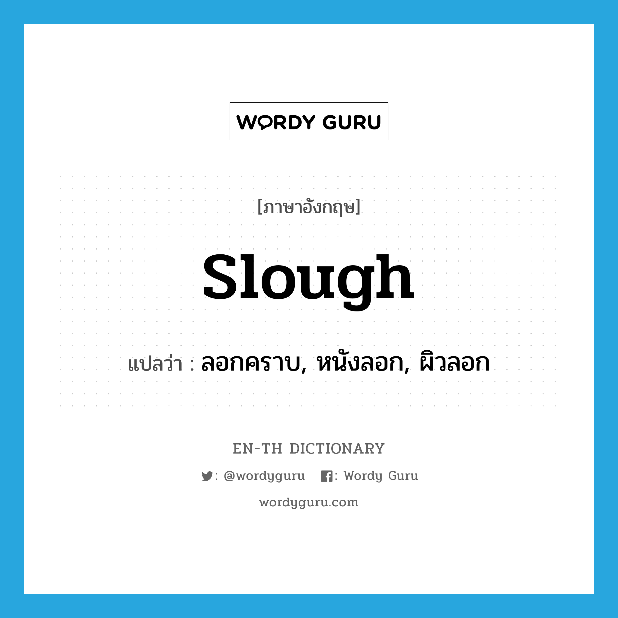 slough แปลว่า?, คำศัพท์ภาษาอังกฤษ slough แปลว่า ลอกคราบ, หนังลอก, ผิวลอก ประเภท VI หมวด VI