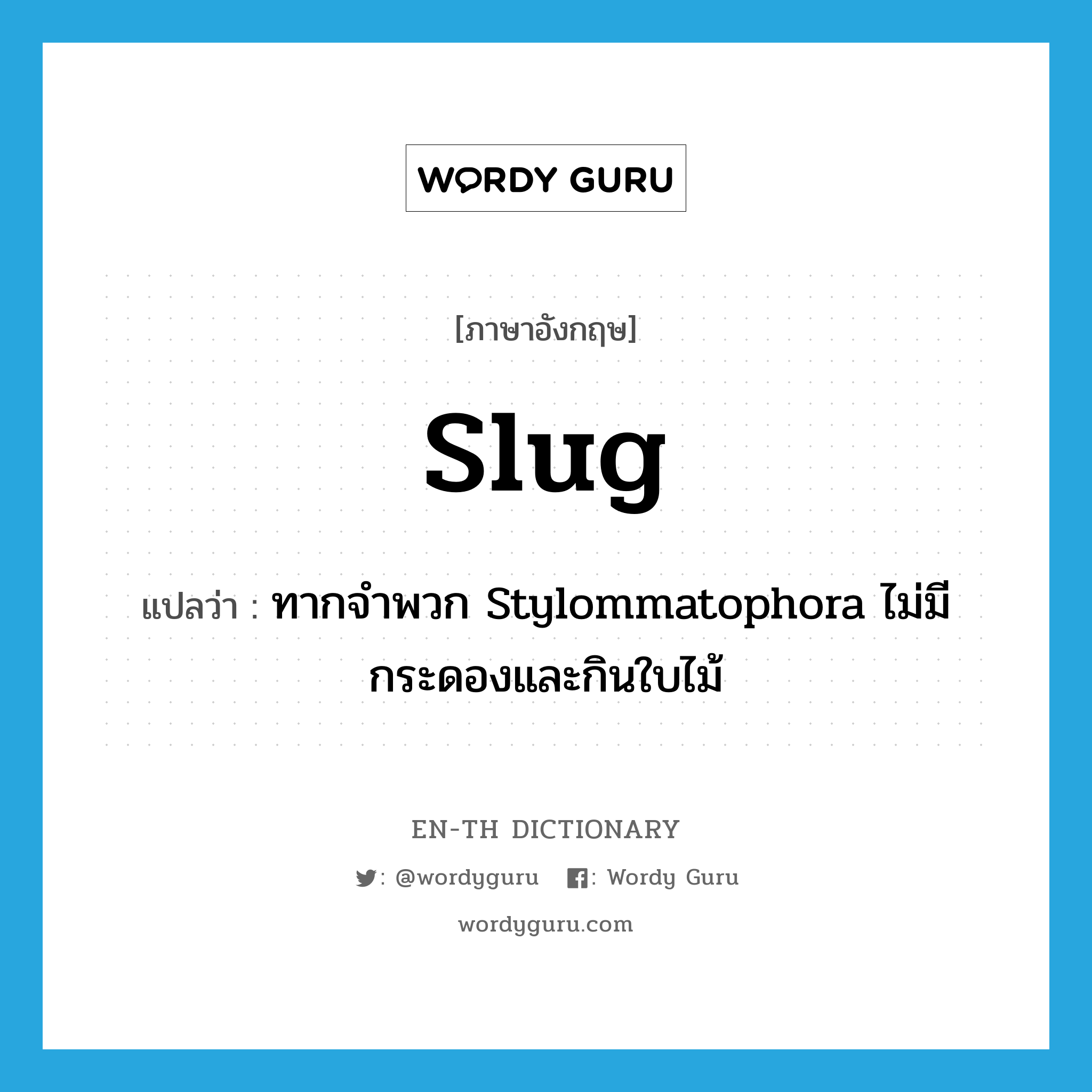 slug แปลว่า?, คำศัพท์ภาษาอังกฤษ slug แปลว่า ทากจำพวก Stylommatophora ไม่มีกระดองและกินใบไม้ ประเภท N หมวด N