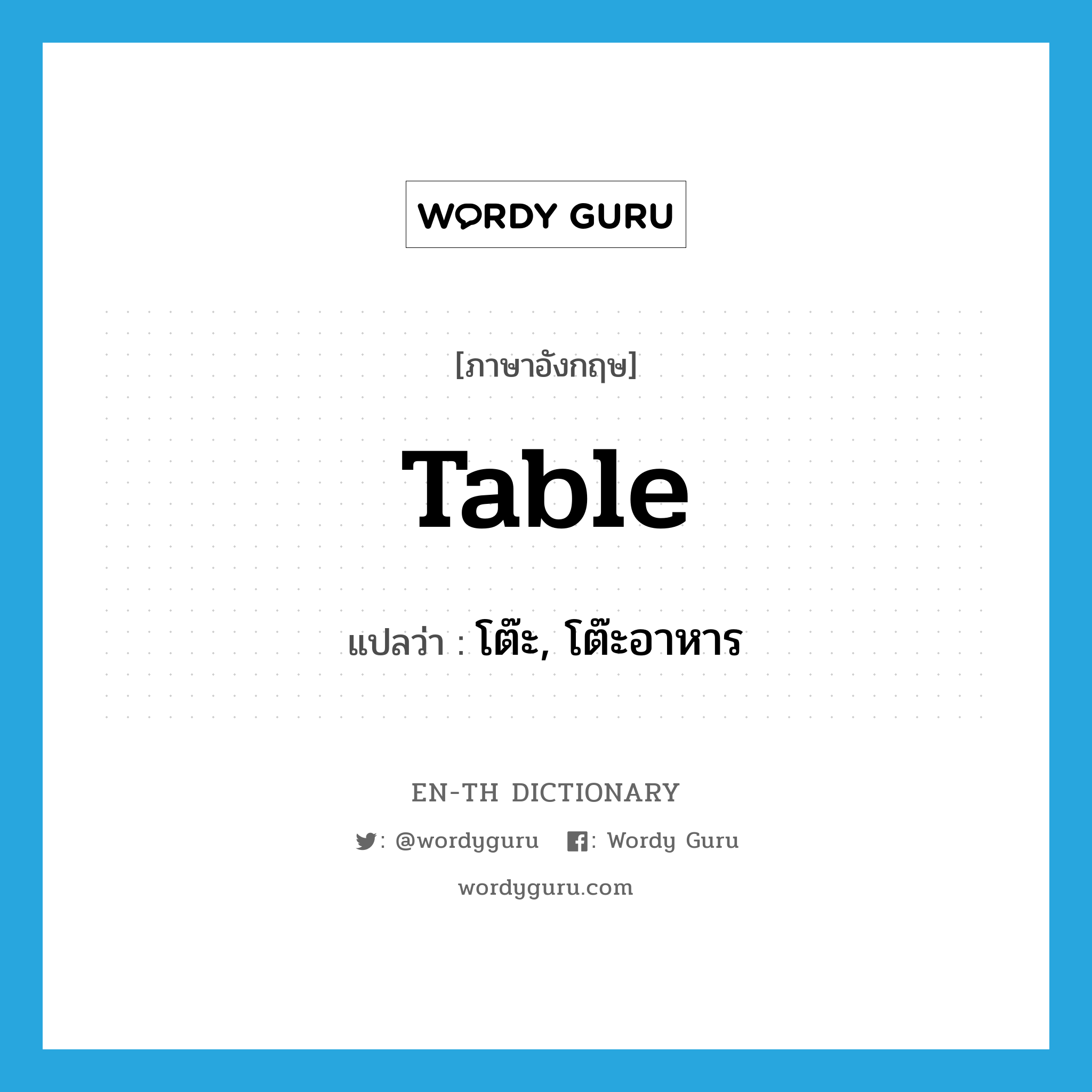 โต๊ะ, โต๊ะอาหาร ภาษาอังกฤษ?, คำศัพท์ภาษาอังกฤษ โต๊ะ, โต๊ะอาหาร แปลว่า table ประเภท N หมวด N