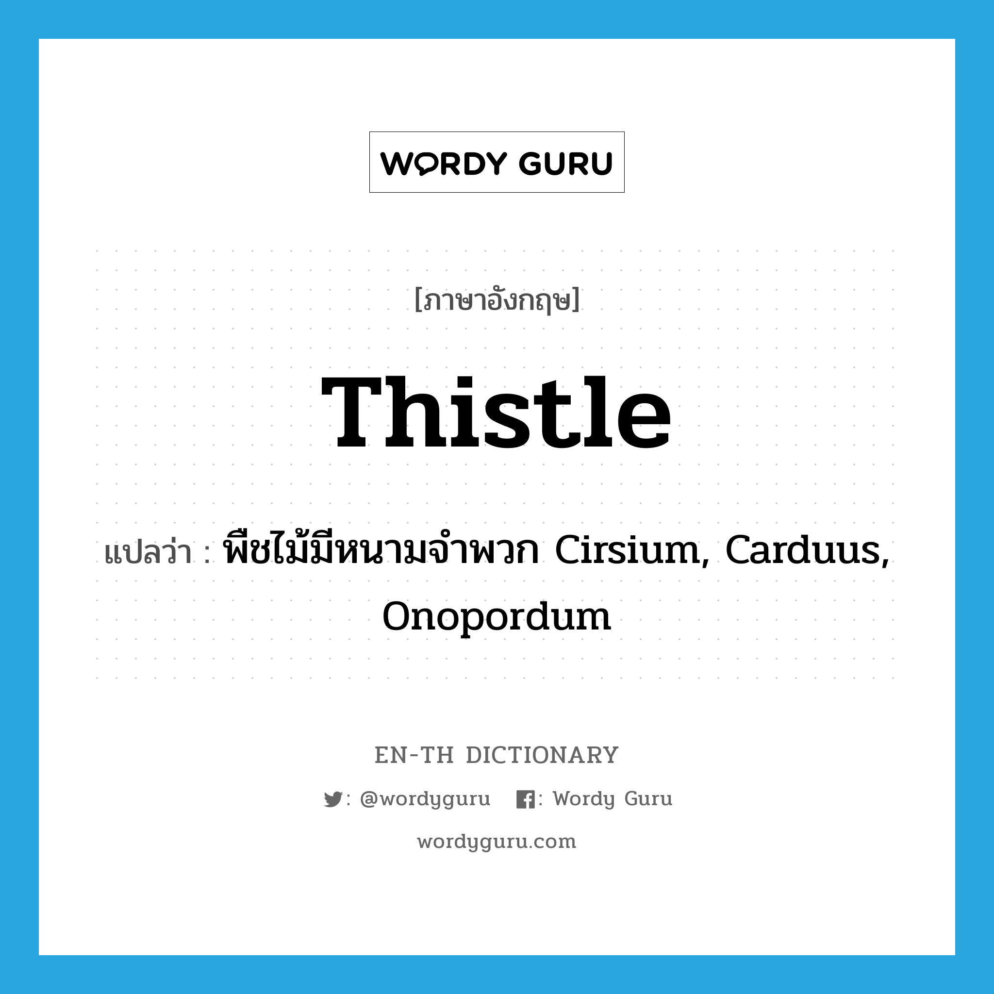 thistle แปลว่า?, คำศัพท์ภาษาอังกฤษ thistle แปลว่า พืชไม้มีหนามจำพวก Cirsium, Carduus, Onopordum ประเภท N หมวด N