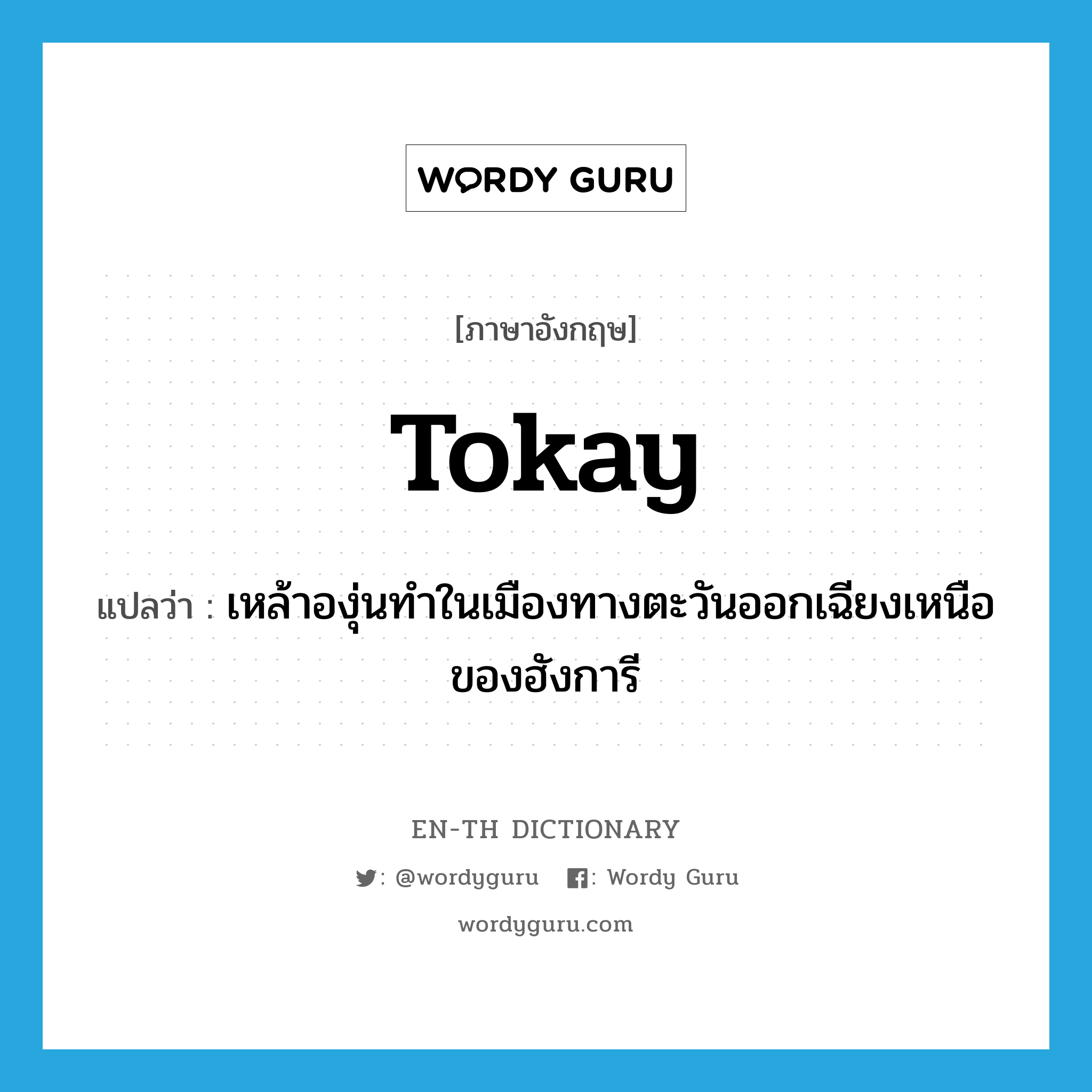 Tokay แปลว่า?, คำศัพท์ภาษาอังกฤษ Tokay แปลว่า เหล้าองุ่นทำในเมืองทางตะวันออกเฉียงเหนือของฮังการี ประเภท N หมวด N