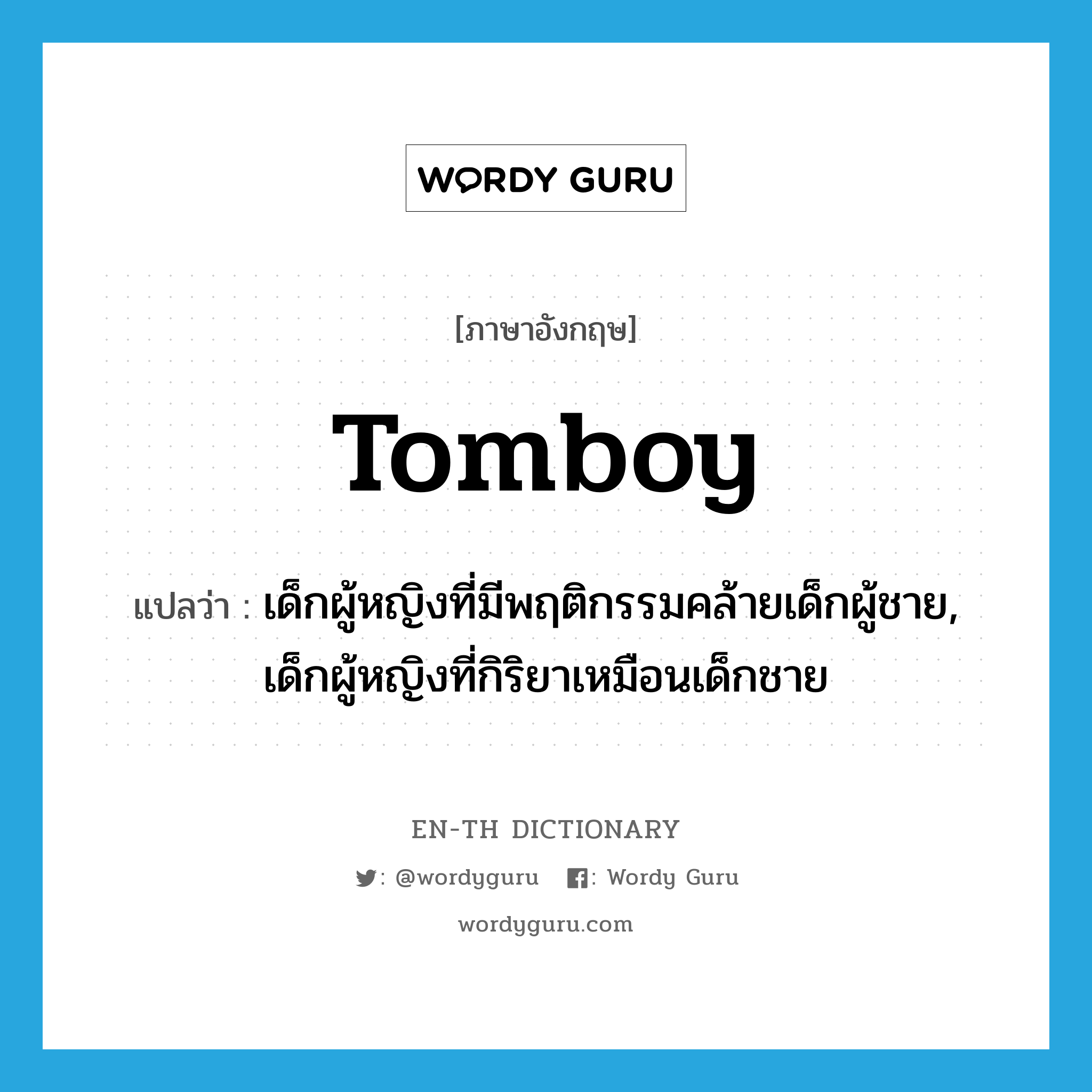 tomboy แปลว่า?, คำศัพท์ภาษาอังกฤษ tomboy แปลว่า เด็กผู้หญิงที่มีพฤติกรรมคล้ายเด็กผู้ชาย, เด็กผู้หญิงที่กิริยาเหมือนเด็กชาย ประเภท N หมวด N