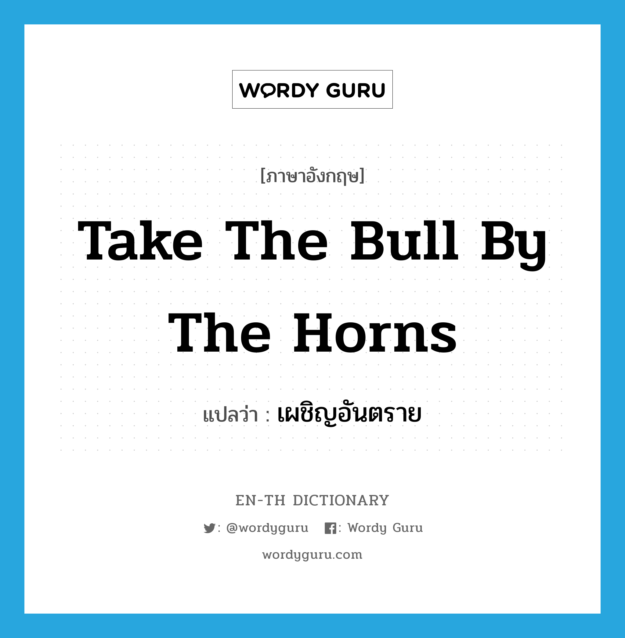 take the bull by the horns แปลว่า?, คำศัพท์ภาษาอังกฤษ take the bull by the horns แปลว่า เผชิญอันตราย ประเภท IDM หมวด IDM