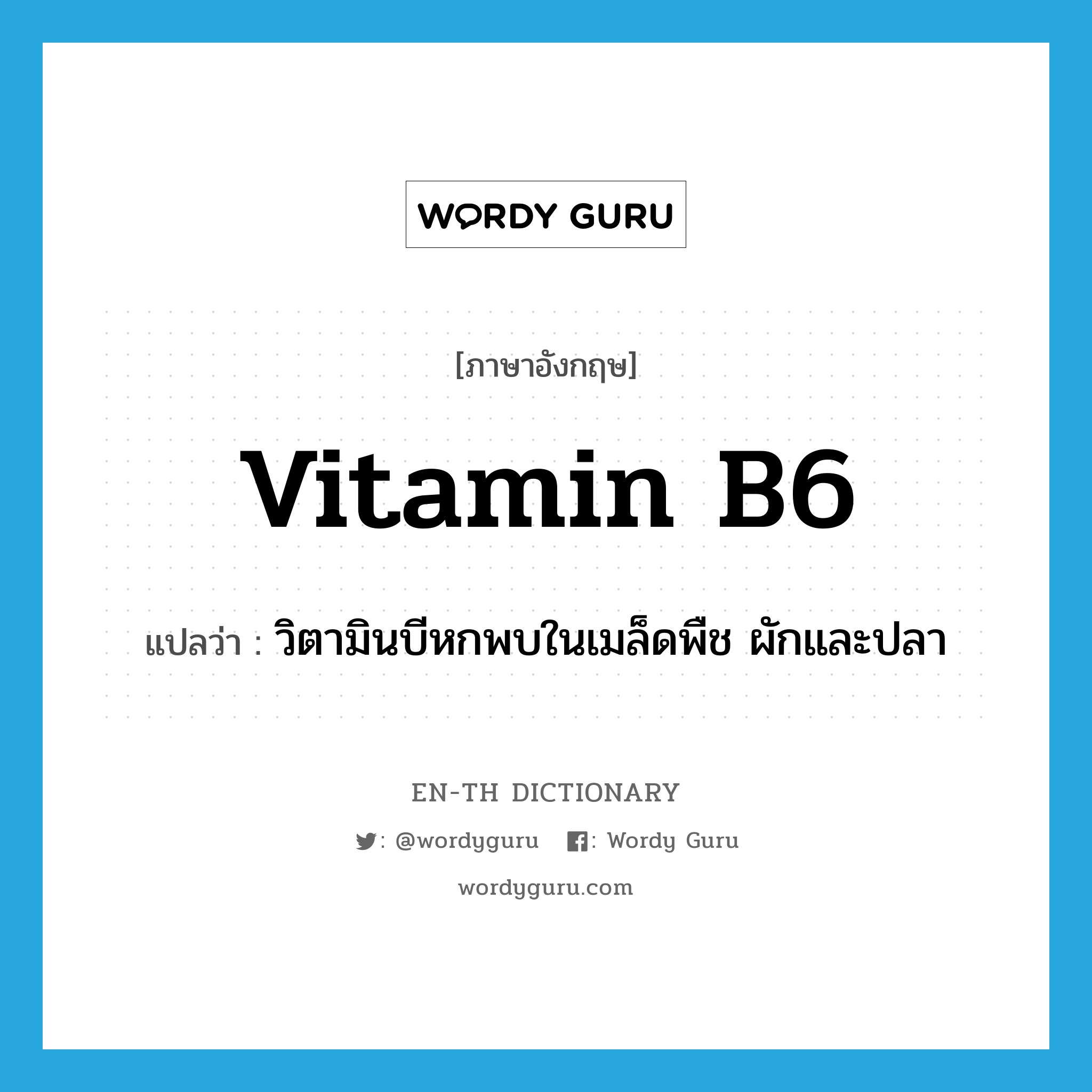 vitamin B6 แปลว่า?, คำศัพท์ภาษาอังกฤษ vitamin B6 แปลว่า วิตามินบีหกพบในเมล็ดพืช ผักและปลา ประเภท N หมวด N
