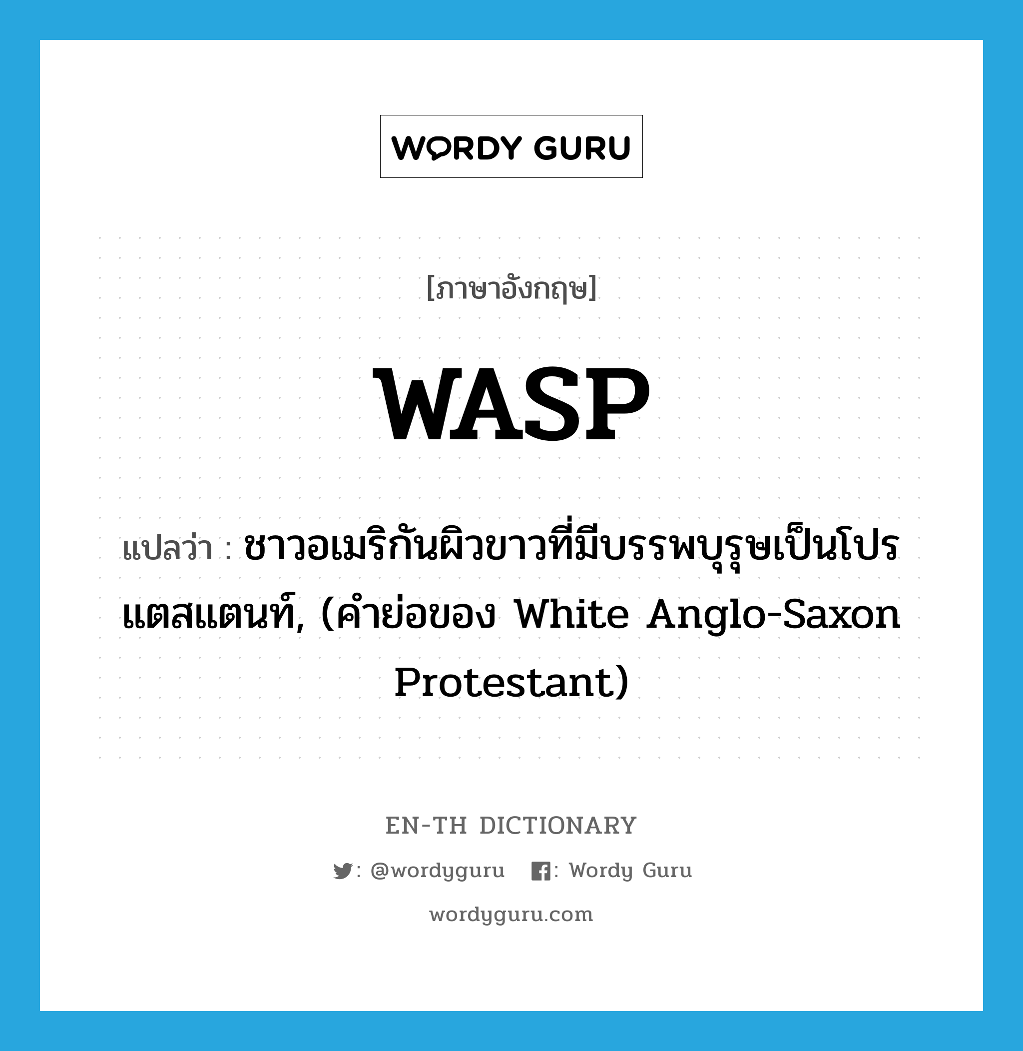 WASP แปลว่า?, คำศัพท์ภาษาอังกฤษ WASP แปลว่า ชาวอเมริกันผิวขาวที่มีบรรพบุรุษเป็นโปรแตสแตนท์, (คำย่อของ White Anglo-Saxon Protestant) ประเภท N หมวด N