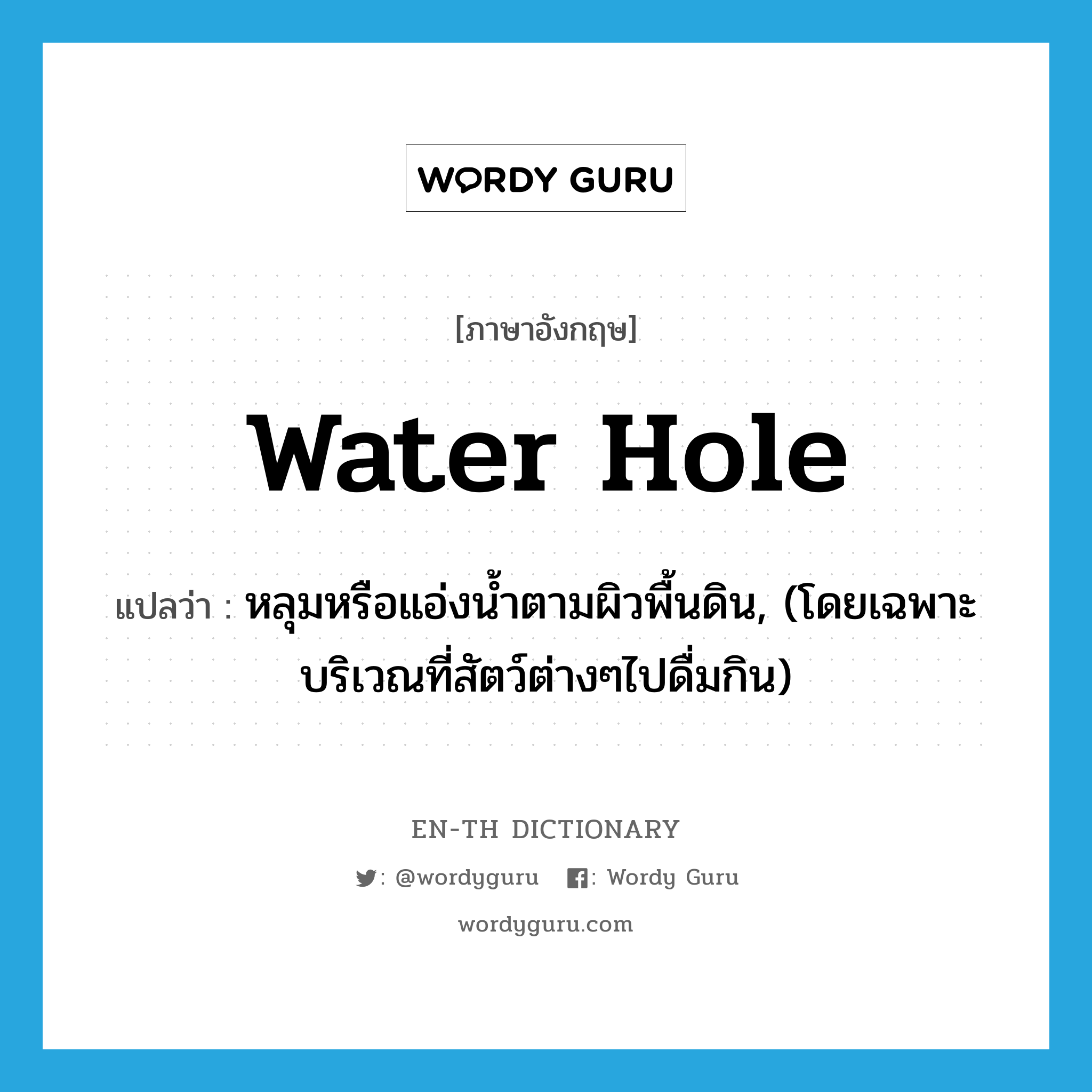 water hole แปลว่า?, คำศัพท์ภาษาอังกฤษ water hole แปลว่า หลุมหรือแอ่งน้ำตามผิวพื้นดิน, (โดยเฉพาะบริเวณที่สัตว์ต่างๆไปดื่มกิน) ประเภท N หมวด N