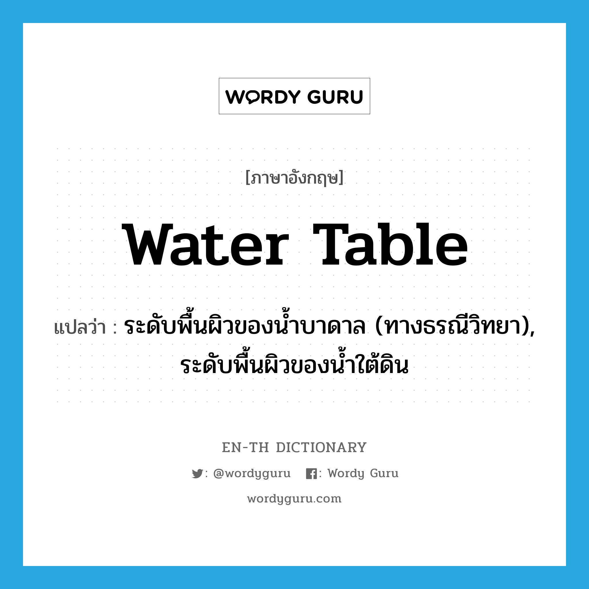 water table แปลว่า?, คำศัพท์ภาษาอังกฤษ water table แปลว่า ระดับพื้นผิวของน้ำบาดาล (ทางธรณีวิทยา), ระดับพื้นผิวของน้ำใต้ดิน ประเภท N หมวด N