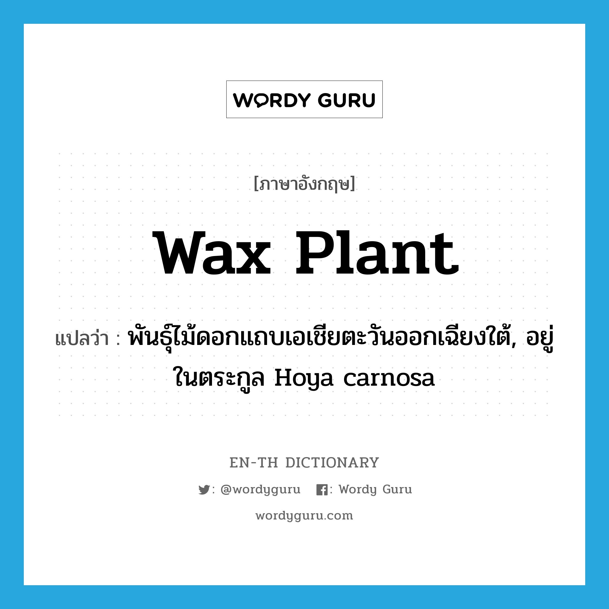 wax plant แปลว่า?, คำศัพท์ภาษาอังกฤษ wax plant แปลว่า พันธุ์ไม้ดอกแถบเอเชียตะวันออกเฉียงใต้, อยู่ในตระกูล Hoya carnosa ประเภท N หมวด N