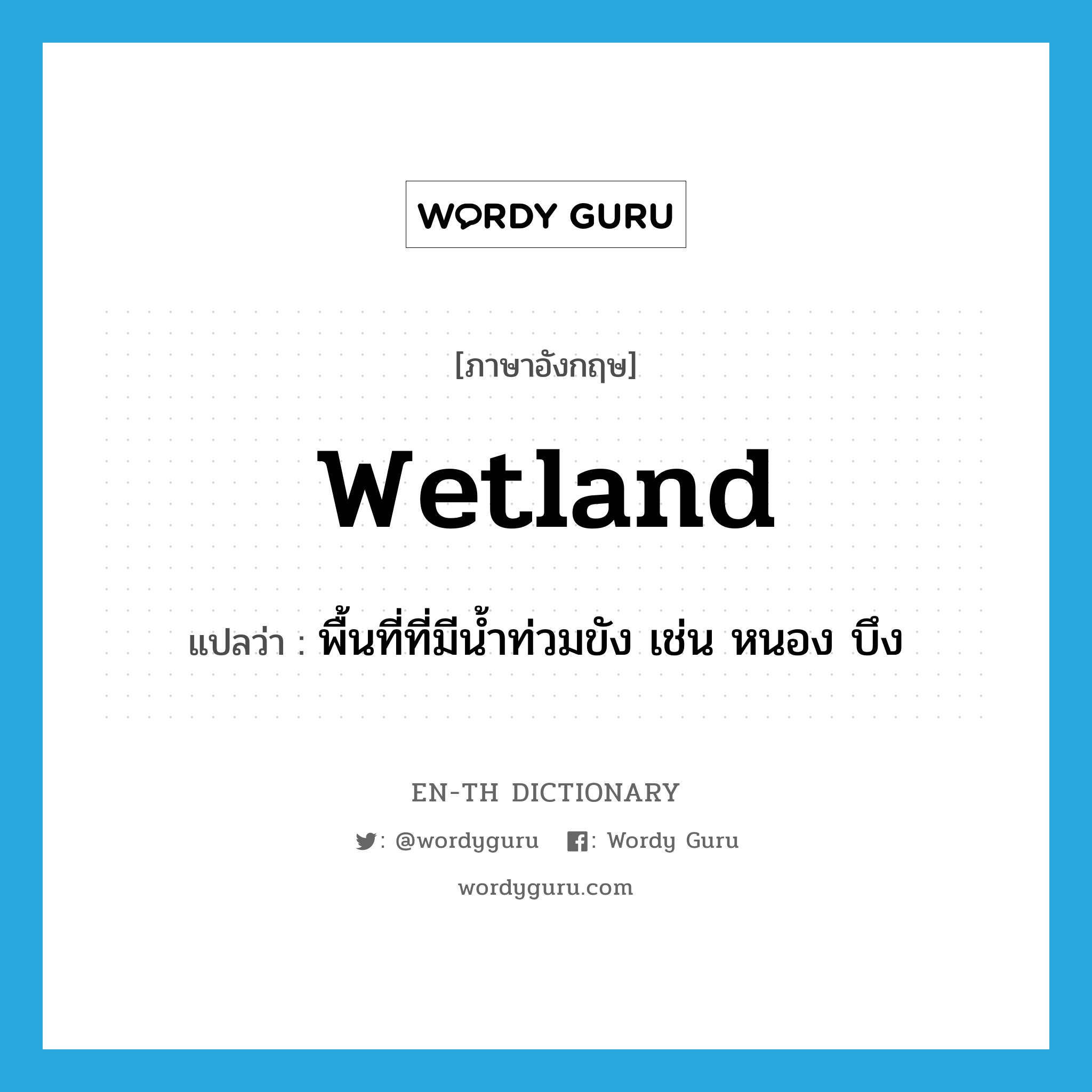wetland แปลว่า?, คำศัพท์ภาษาอังกฤษ wetland แปลว่า พื้นที่ที่มีน้ำท่วมขัง เช่น หนอง บึง ประเภท N หมวด N