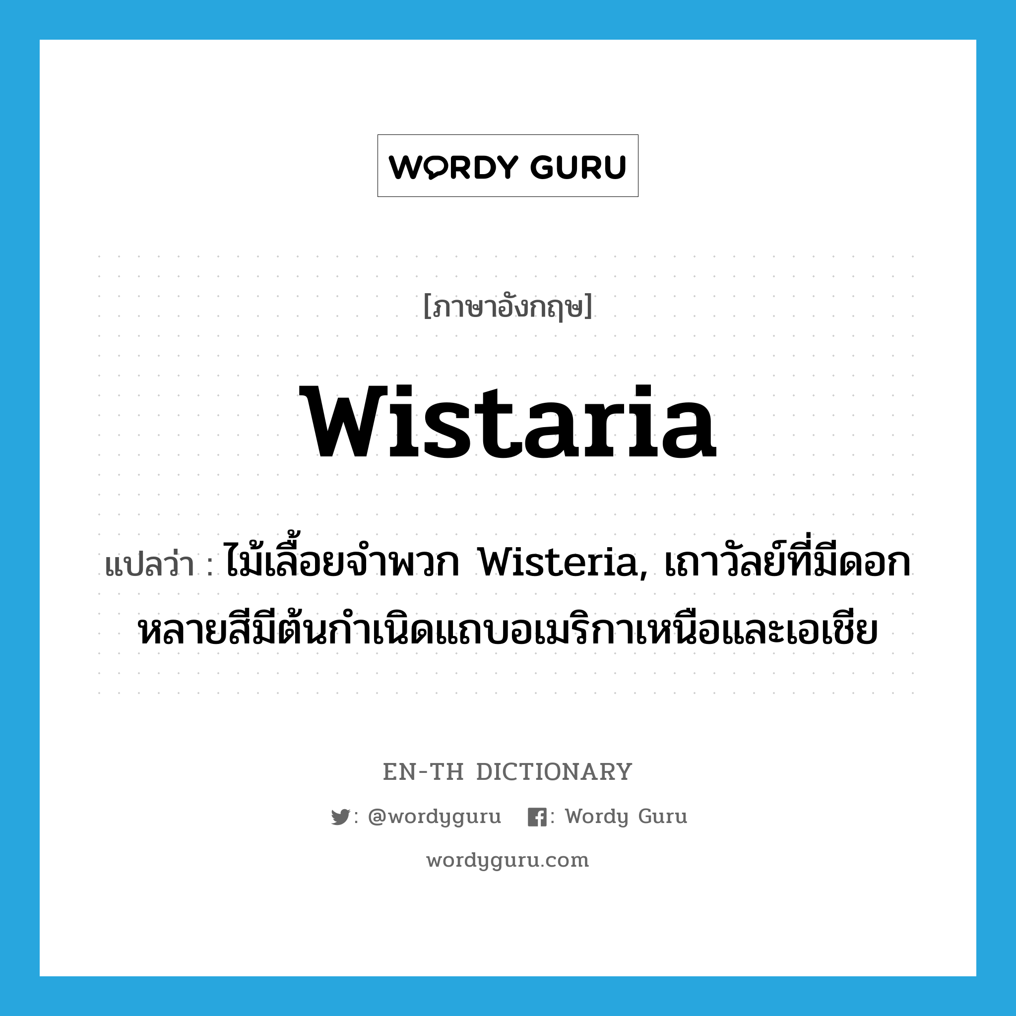 wistaria แปลว่า?, คำศัพท์ภาษาอังกฤษ wistaria แปลว่า ไม้เลื้อยจำพวก Wisteria, เถาวัลย์ที่มีดอกหลายสีมีต้นกำเนิดแถบอเมริกาเหนือและเอเชีย ประเภท N หมวด N