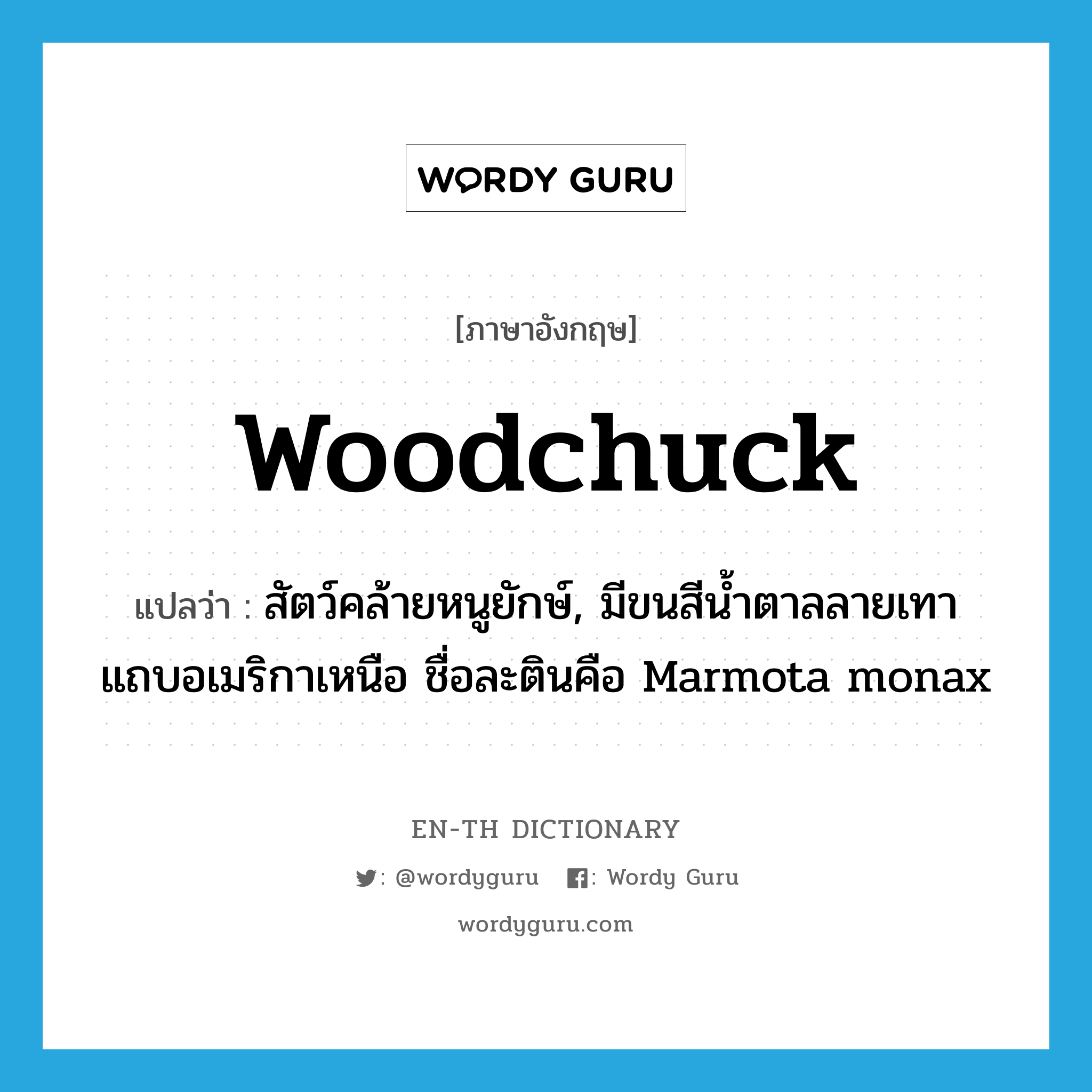 woodchuck แปลว่า?, คำศัพท์ภาษาอังกฤษ woodchuck แปลว่า สัตว์คล้ายหนูยักษ์, มีขนสีน้ำตาลลายเทา แถบอเมริกาเหนือ ชื่อละตินคือ Marmota monax ประเภท N หมวด N
