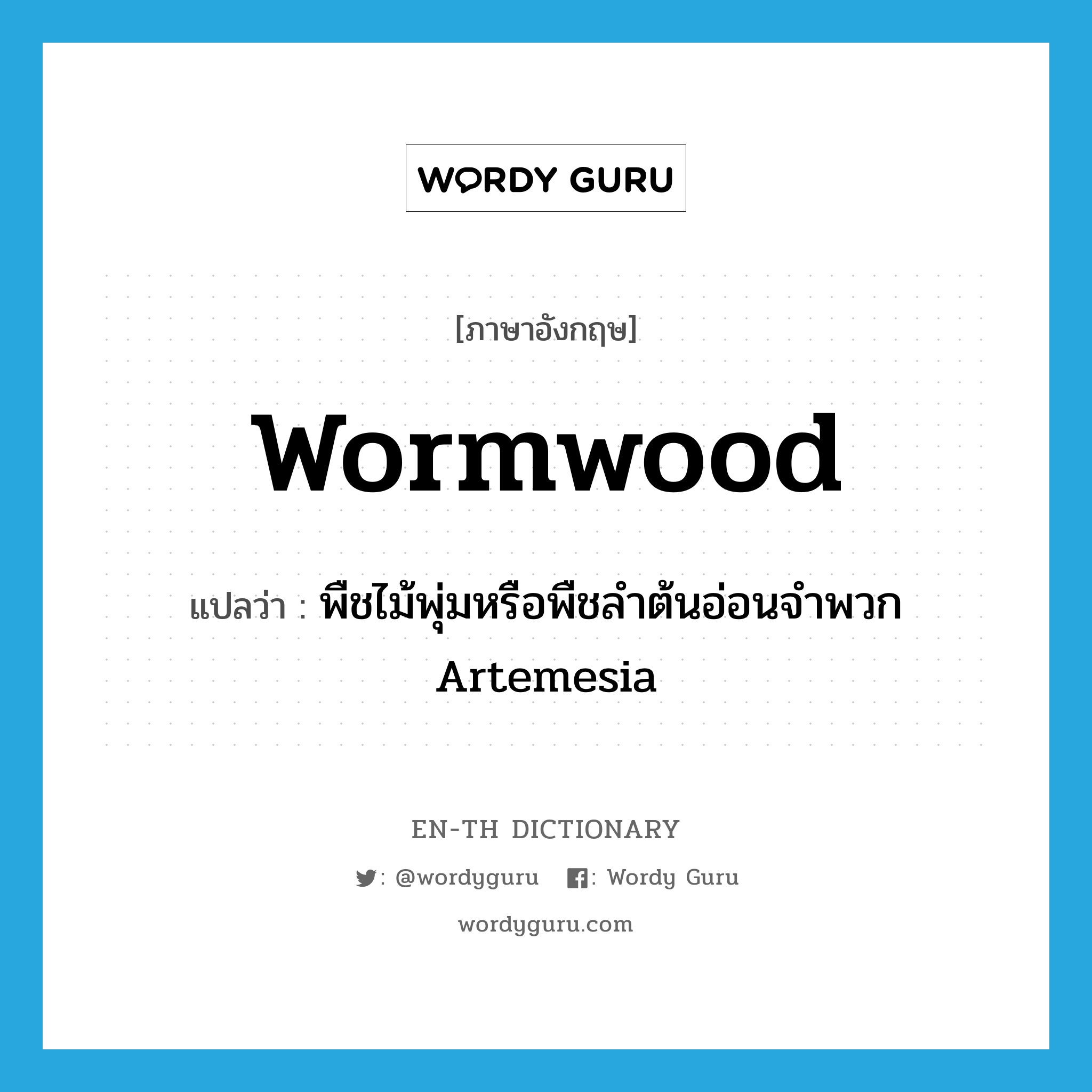 พืชไม้พุ่มหรือพืชลำต้นอ่อนจำพวก Artemesia ภาษาอังกฤษ?, คำศัพท์ภาษาอังกฤษ พืชไม้พุ่มหรือพืชลำต้นอ่อนจำพวก Artemesia แปลว่า wormwood ประเภท N หมวด N