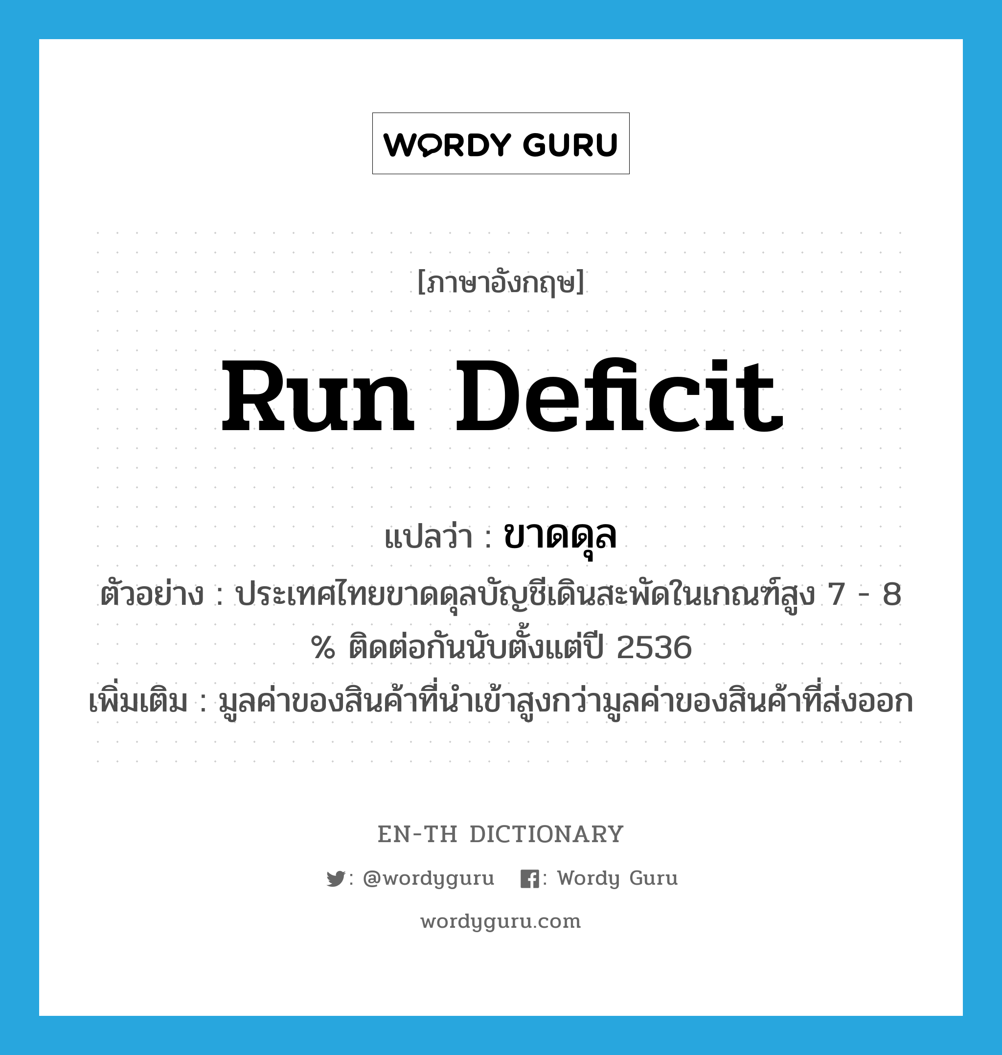 run deficit แปลว่า?, คำศัพท์ภาษาอังกฤษ run deficit แปลว่า ขาดดุล ประเภท V ตัวอย่าง ประเทศไทยขาดดุลบัญชีเดินสะพัดในเกณฑ์สูง 7 - 8 % ติดต่อกันนับตั้งแต่ปี 2536 เพิ่มเติม มูลค่าของสินค้าที่นำเข้าสูงกว่ามูลค่าของสินค้าที่ส่งออก หมวด V