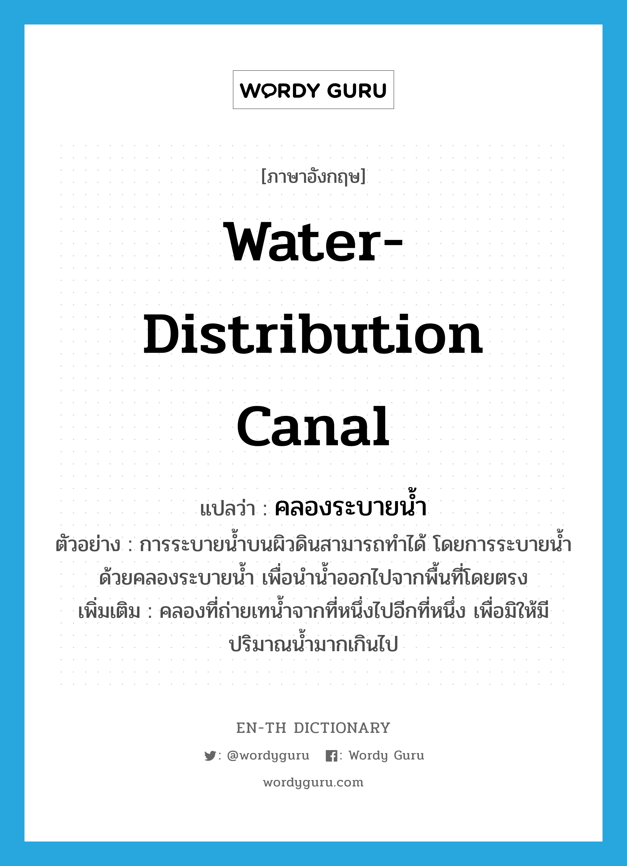 water-distribution canal แปลว่า?, คำศัพท์ภาษาอังกฤษ water-distribution canal แปลว่า คลองระบายน้ำ ประเภท N ตัวอย่าง การระบายน้ำบนผิวดินสามารถทำได้ โดยการระบายน้ำด้วยคลองระบายน้ำ เพื่อนำน้ำออกไปจากพื้นที่โดยตรง เพิ่มเติม คลองที่ถ่ายเทน้ำจากที่หนึ่งไปอีกที่หนึ่ง เพื่อมิให้มีปริมาณน้ำมากเกินไป หมวด N