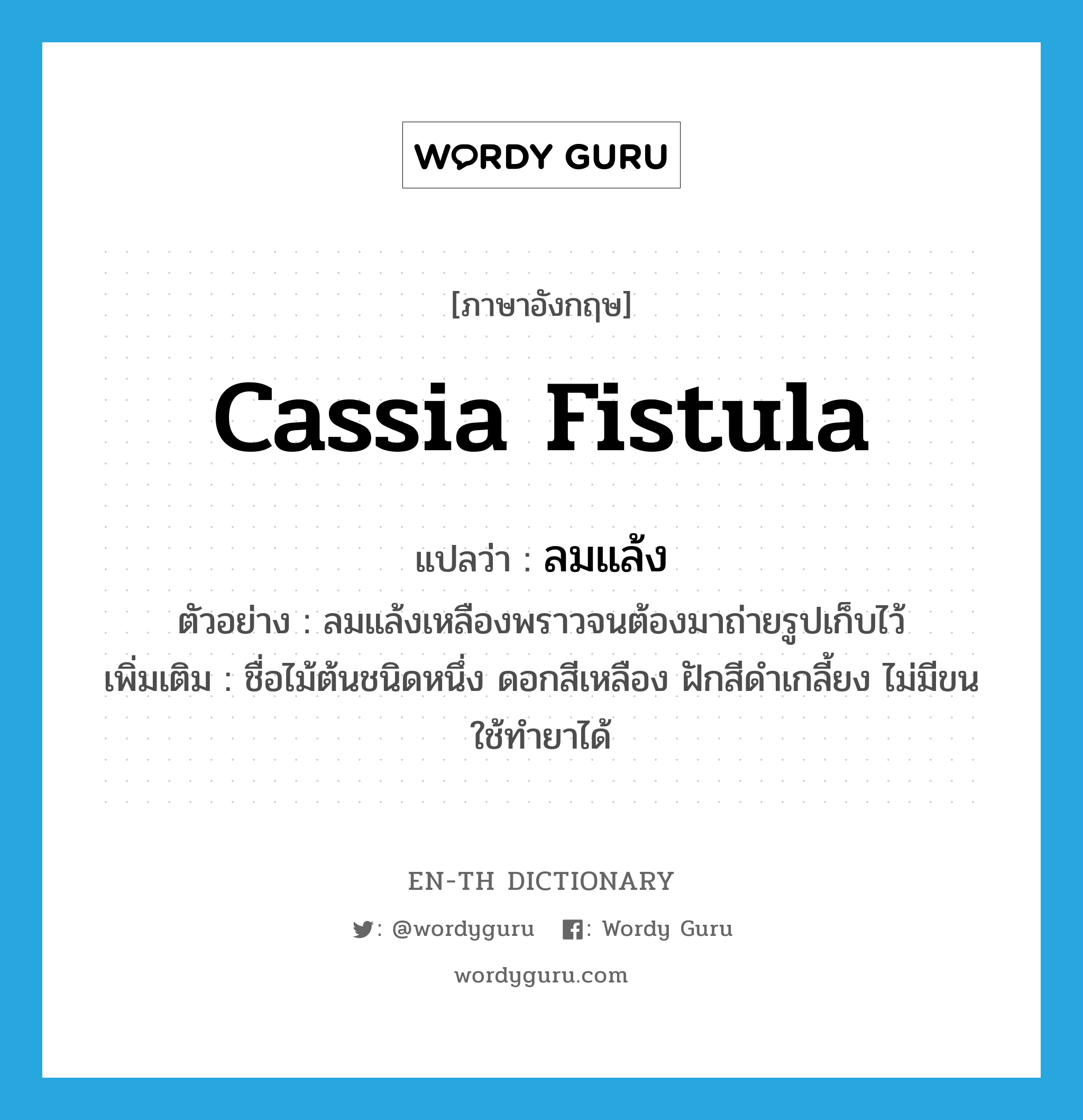 Cassia fistula แปลว่า?, คำศัพท์ภาษาอังกฤษ Cassia fistula แปลว่า ลมแล้ง ประเภท N ตัวอย่าง ลมแล้งเหลืองพราวจนต้องมาถ่ายรูปเก็บไว้ เพิ่มเติม ชื่อไม้ต้นชนิดหนึ่ง ดอกสีเหลือง ฝักสีดำเกลี้ยง ไม่มีขน ใช้ทำยาได้ หมวด N