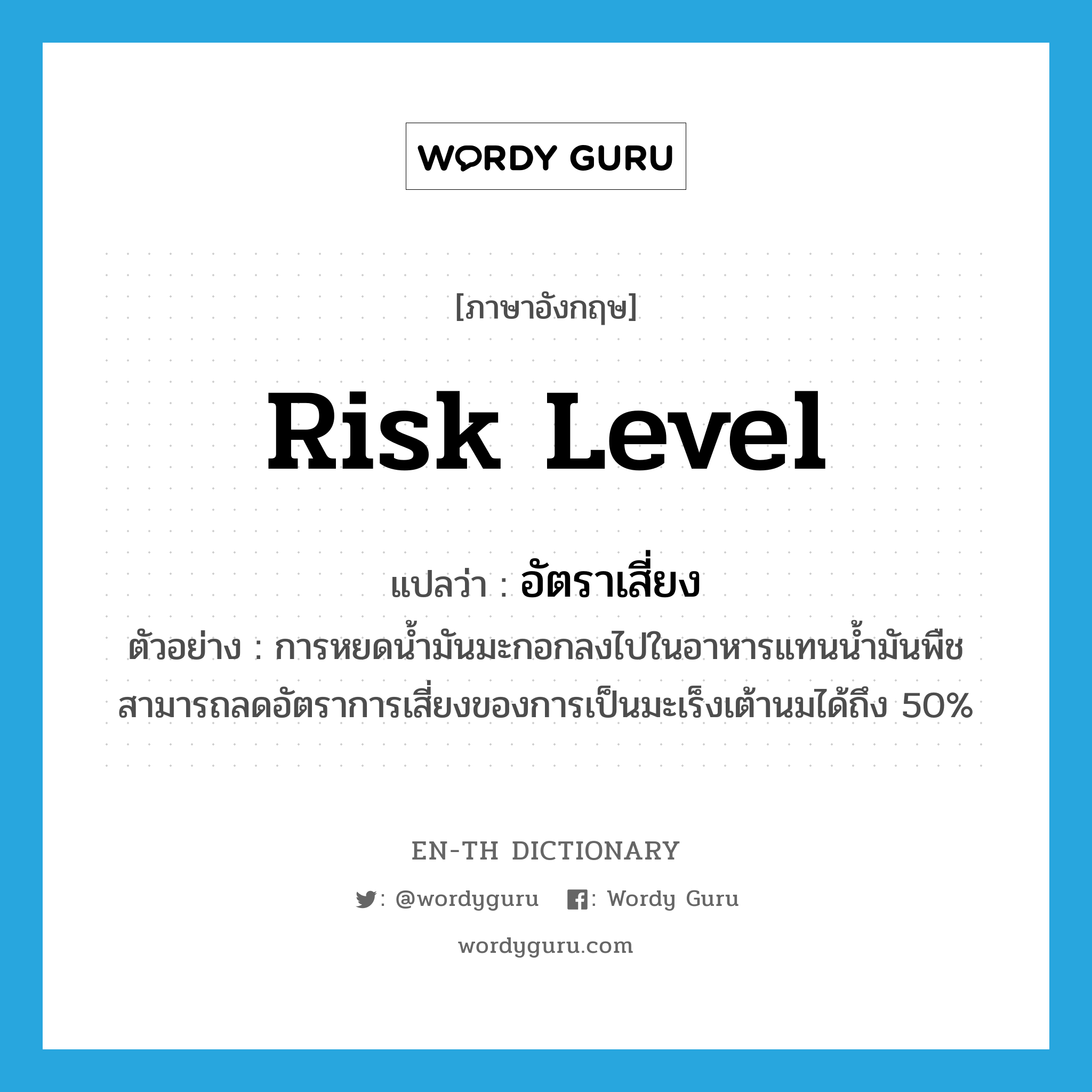 risk level แปลว่า?, คำศัพท์ภาษาอังกฤษ risk level แปลว่า อัตราเสี่ยง ประเภท N ตัวอย่าง การหยดน้ำมันมะกอกลงไปในอาหารแทนน้ำมันพืช สามารถลดอัตราการเสี่ยงของการเป็นมะเร็งเต้านมได้ถึง 50% หมวด N