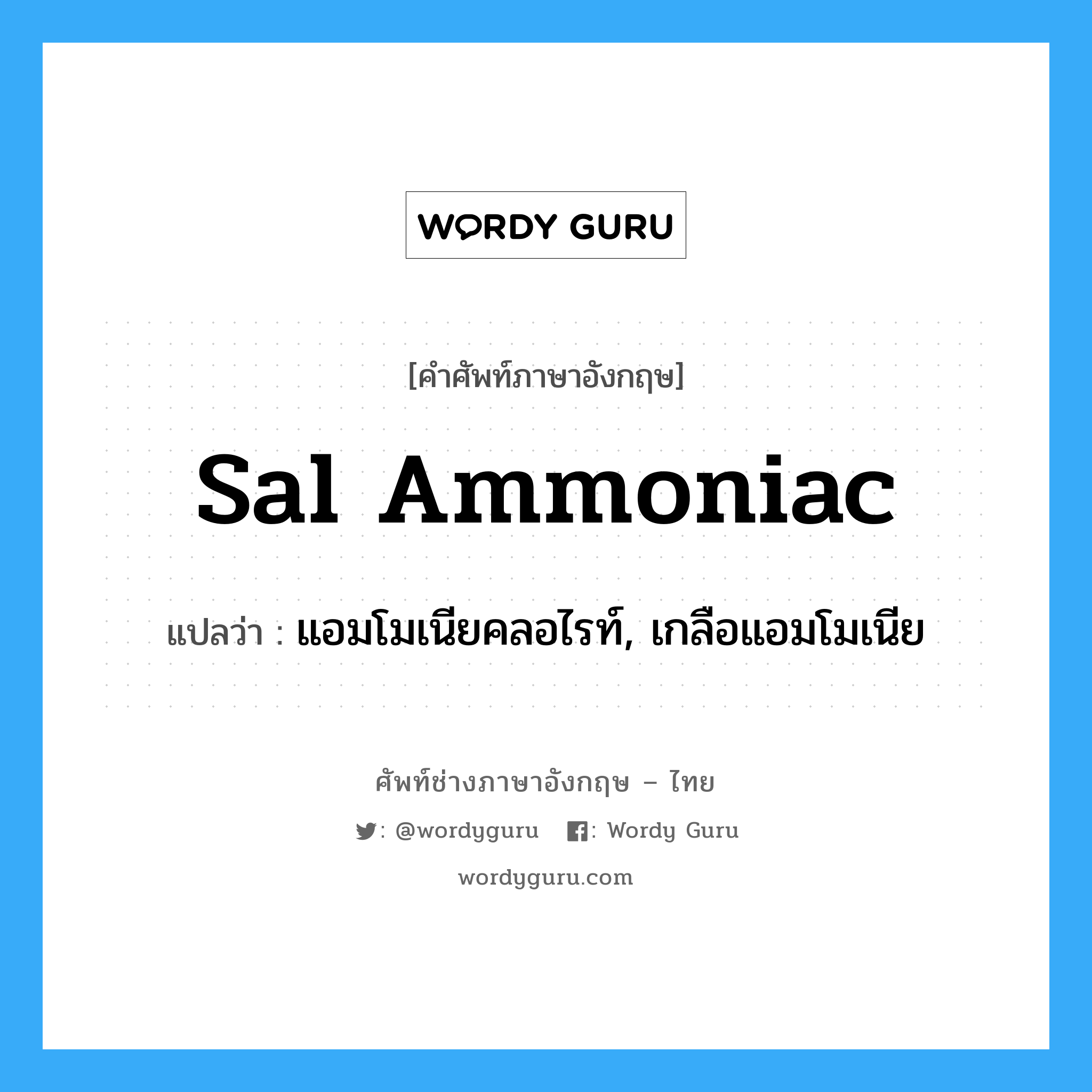 sal ammoniac แปลว่า?, คำศัพท์ช่างภาษาอังกฤษ - ไทย sal ammoniac คำศัพท์ภาษาอังกฤษ sal ammoniac แปลว่า แอมโมเนียคลอไรท์, เกลือแอมโมเนีย
