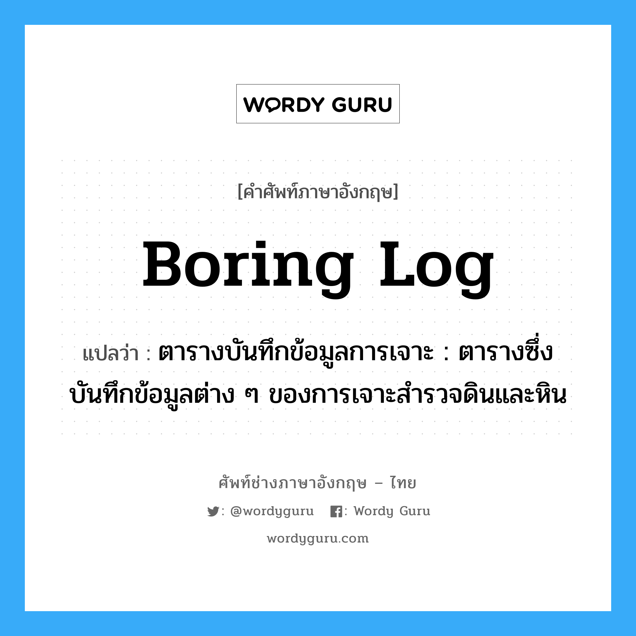 boring log แปลว่า?, คำศัพท์ช่างภาษาอังกฤษ - ไทย boring log คำศัพท์ภาษาอังกฤษ boring log แปลว่า ตารางบันทึกข้อมูลการเจาะ : ตารางซึ่งบันทึกข้อมูลต่าง ๆ ของการเจาะสำรวจดินและหิน
