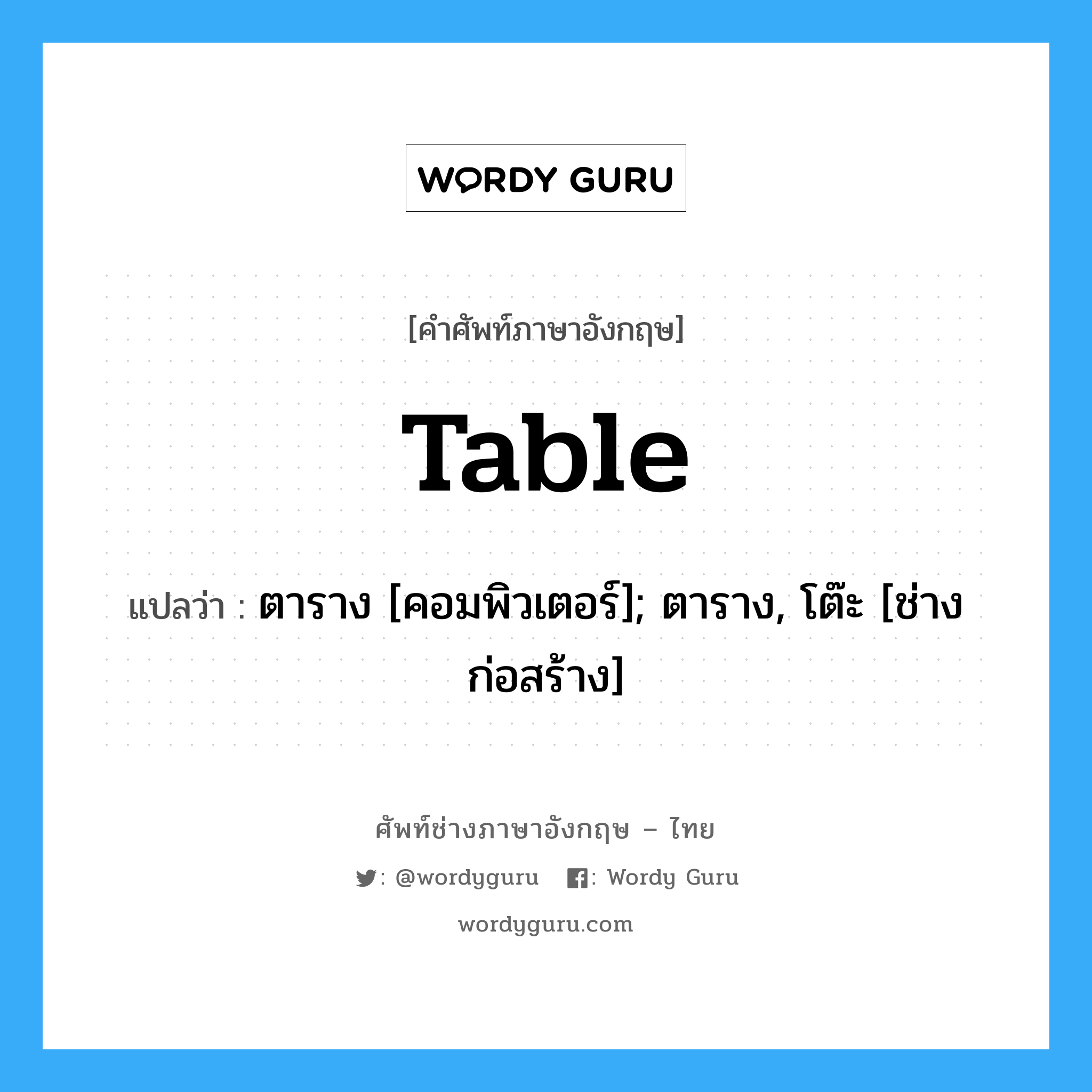 table แปลว่า?, คำศัพท์ช่างภาษาอังกฤษ - ไทย table คำศัพท์ภาษาอังกฤษ table แปลว่า ตาราง [คอมพิวเตอร์]; ตาราง, โต๊ะ [ช่างก่อสร้าง]