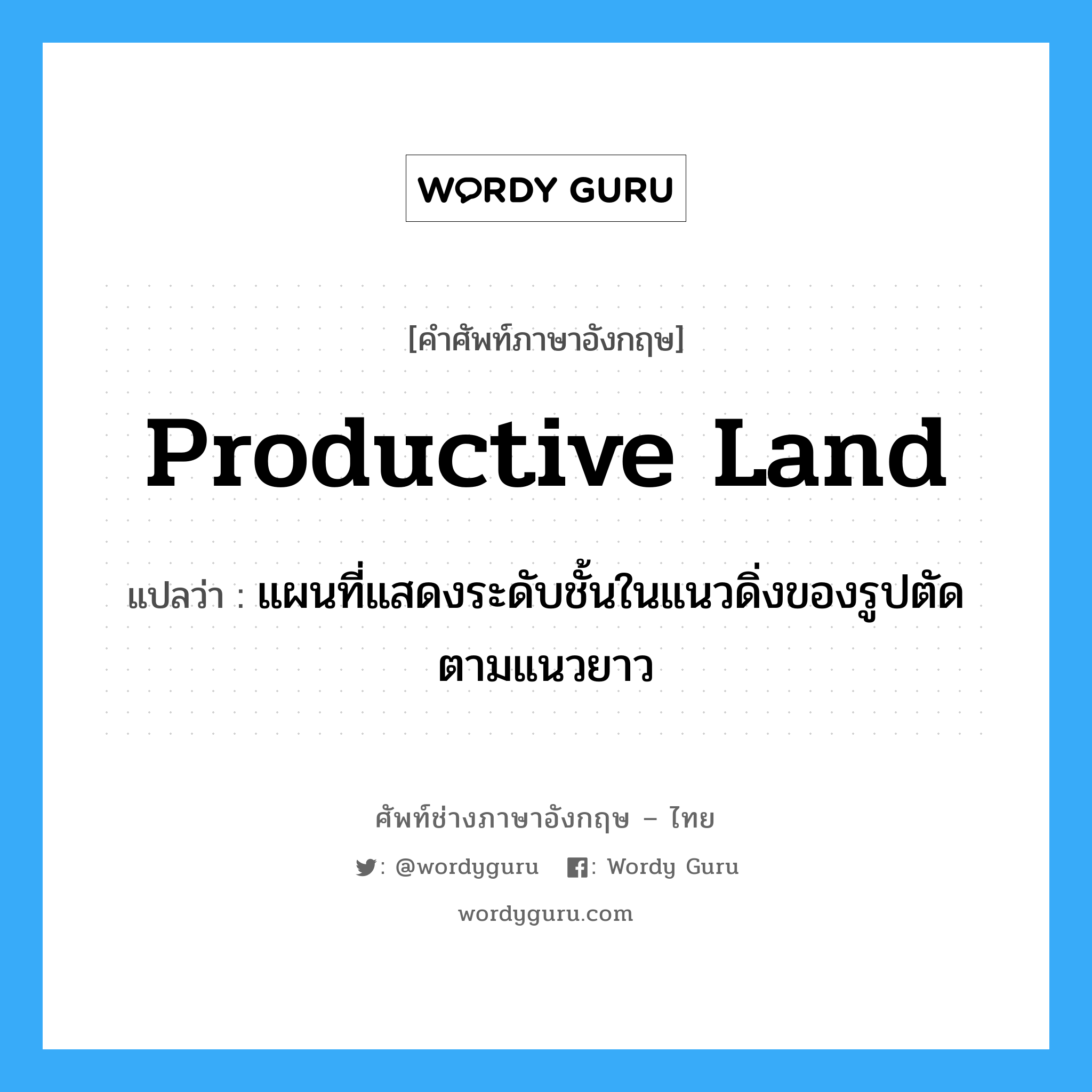 productive land แปลว่า?, คำศัพท์ช่างภาษาอังกฤษ - ไทย productive land คำศัพท์ภาษาอังกฤษ productive land แปลว่า แผนที่แสดงระดับชั้นในแนวดิ่งของรูปตัดตามแนวยาว