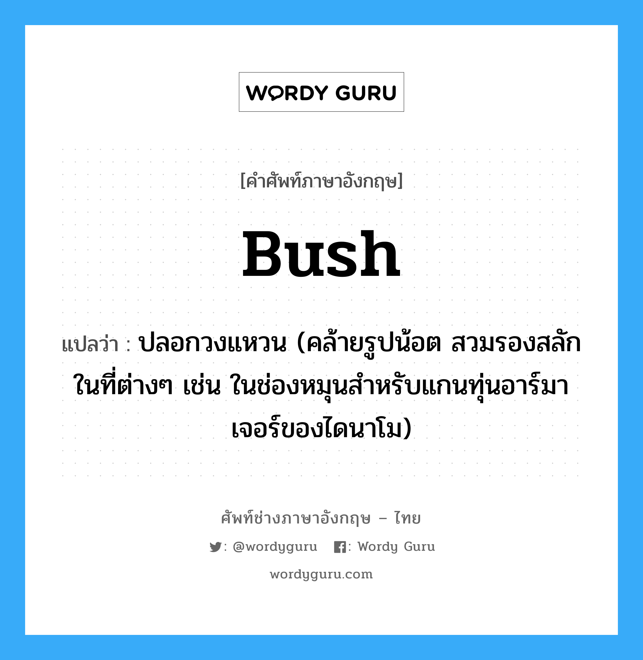 bush แปลว่า?, คำศัพท์ช่างภาษาอังกฤษ - ไทย bush คำศัพท์ภาษาอังกฤษ bush แปลว่า ปลอกวงแหวน (คล้ายรูปน้อต สวมรองสลักในที่ต่างๆ เช่น ในช่องหมุนสำหรับแกนทุ่นอาร์มาเจอร์ของไดนาโม)