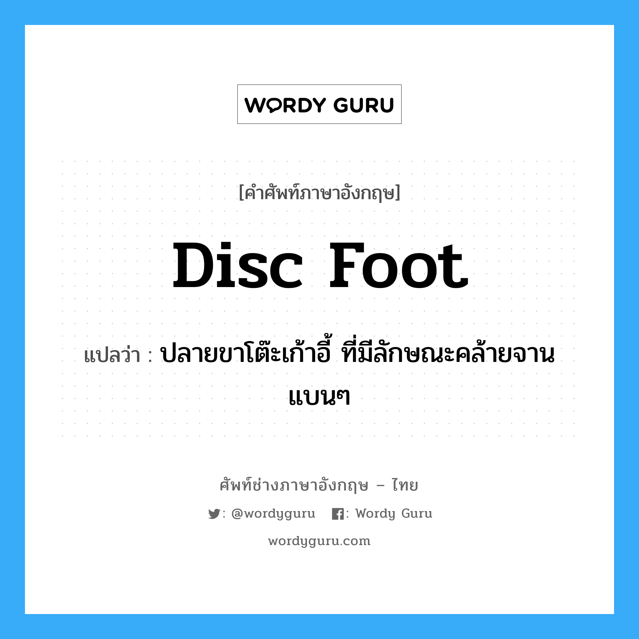 disc foot แปลว่า?, คำศัพท์ช่างภาษาอังกฤษ - ไทย disc foot คำศัพท์ภาษาอังกฤษ disc foot แปลว่า ปลายขาโต๊ะเก้าอี้ ที่มีลักษณะคล้ายจานแบนๆ