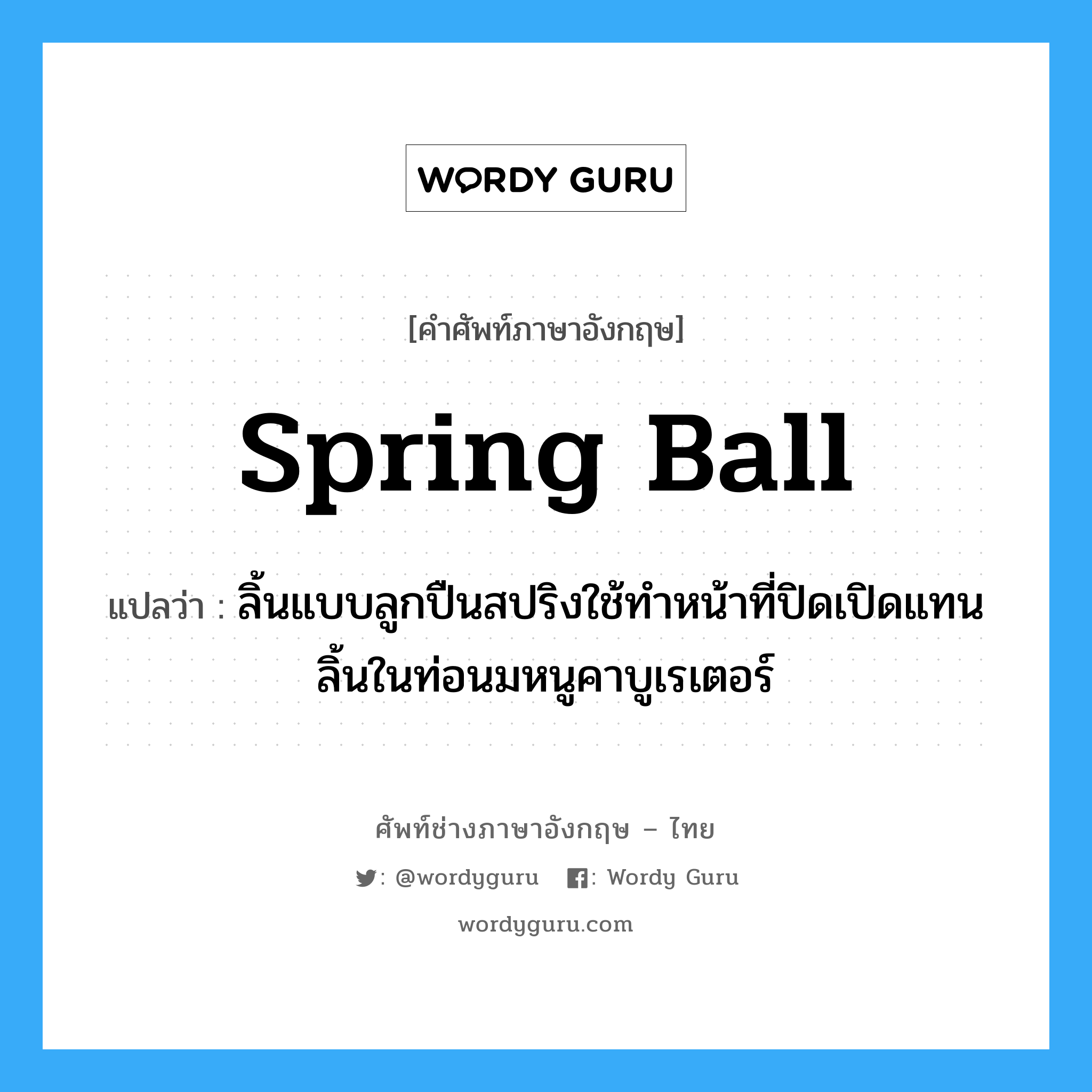 spring ball แปลว่า?, คำศัพท์ช่างภาษาอังกฤษ - ไทย spring ball คำศัพท์ภาษาอังกฤษ spring ball แปลว่า ลิ้นแบบลูกปืนสปริงใช้ทำหน้าที่ปิดเปิดแทนลิ้นในท่อนมหนูคาบูเรเตอร์