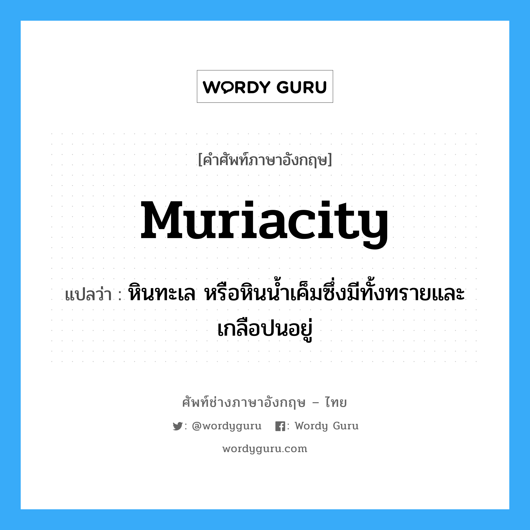 muriacity แปลว่า?, คำศัพท์ช่างภาษาอังกฤษ - ไทย muriacity คำศัพท์ภาษาอังกฤษ muriacity แปลว่า หินทะเล หรือหินน้ำเค็มซึ่งมีทั้งทรายและเกลือปนอยู่