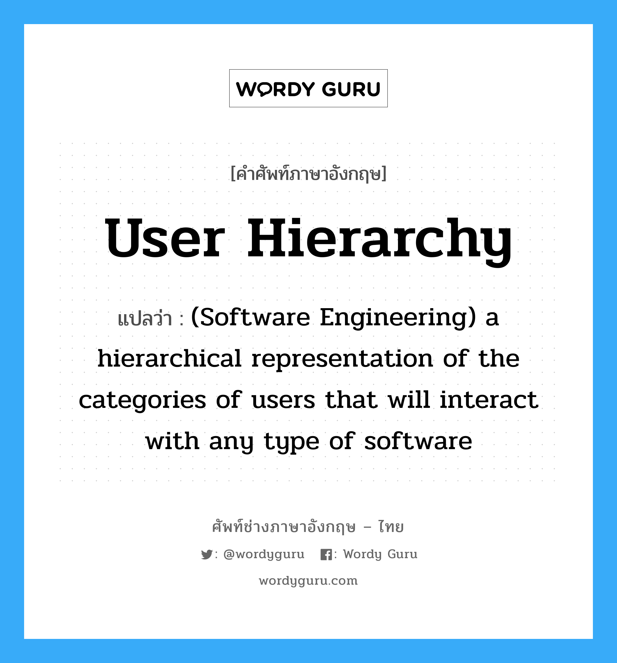 User hierarchy แปลว่า?, คำศัพท์ช่างภาษาอังกฤษ - ไทย User hierarchy คำศัพท์ภาษาอังกฤษ User hierarchy แปลว่า (Software Engineering) a hierarchical representation of the categories of users that will interact with any type of software
