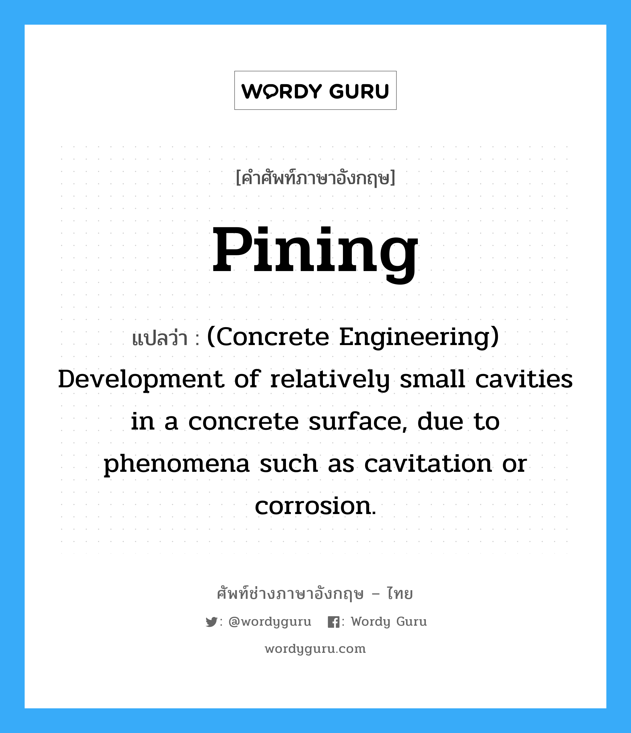 Pining แปลว่า?, คำศัพท์ช่างภาษาอังกฤษ - ไทย Pining คำศัพท์ภาษาอังกฤษ Pining แปลว่า (Concrete Engineering) Development of relatively small cavities in a concrete surface, due to phenomena such as cavitation or corrosion.