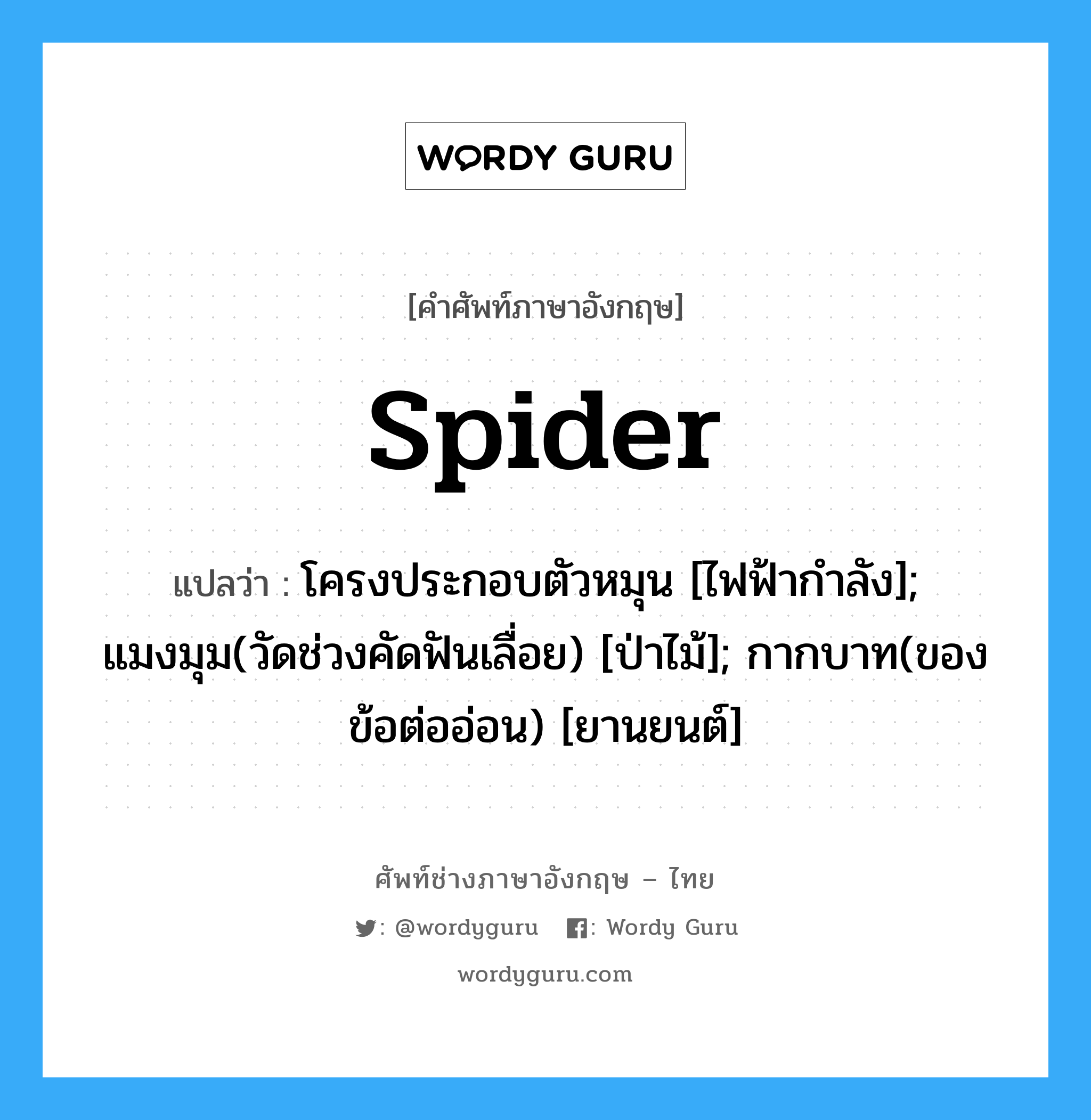 spider แปลว่า?, คำศัพท์ช่างภาษาอังกฤษ - ไทย spider คำศัพท์ภาษาอังกฤษ spider แปลว่า โครงประกอบตัวหมุน [ไฟฟ้ากำลัง]; แมงมุม(วัดช่วงคัดฟันเลื่อย) [ป่าไม้]; กากบาท(ของข้อต่ออ่อน) [ยานยนต์]