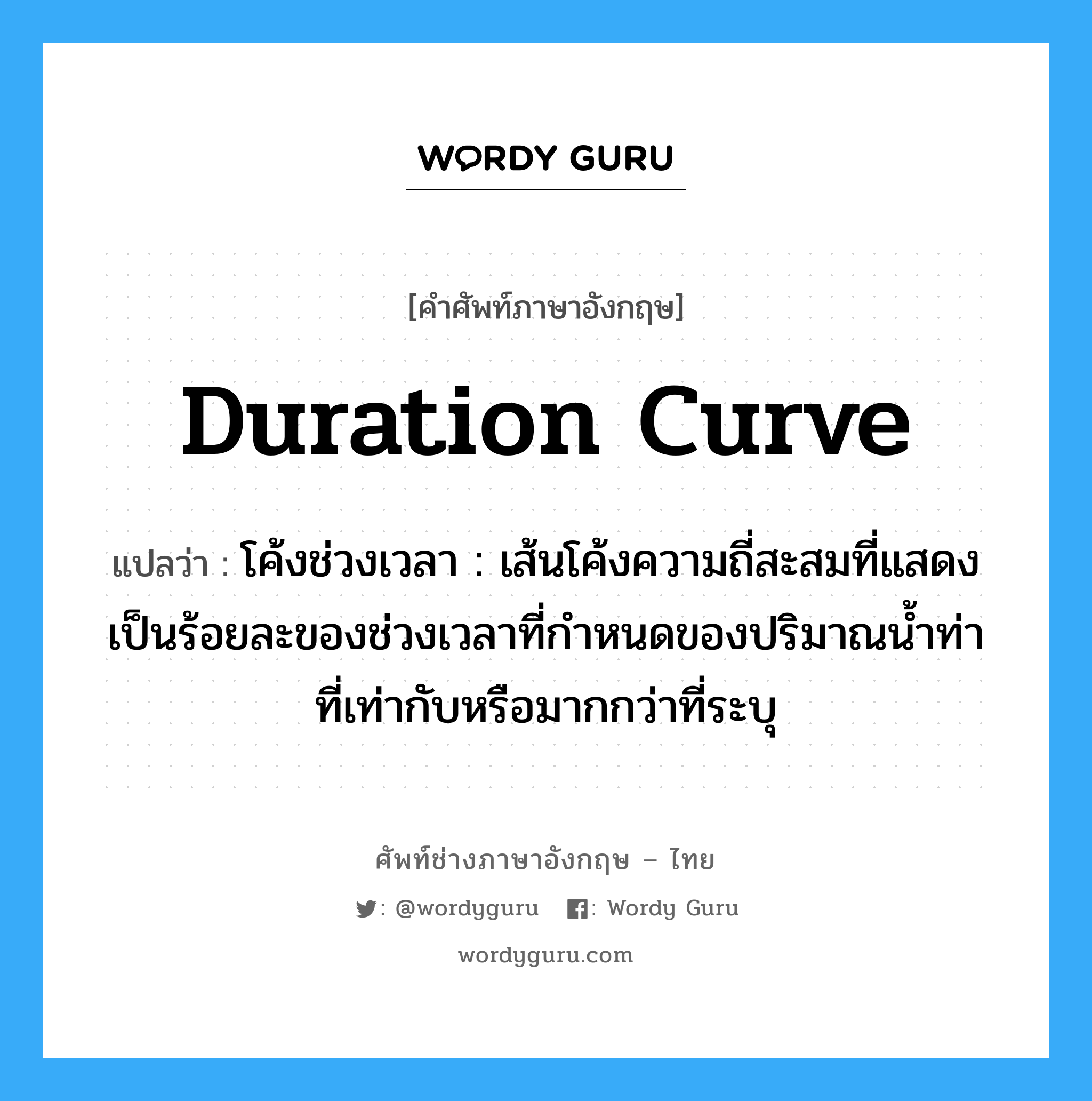 duration curve แปลว่า?, คำศัพท์ช่างภาษาอังกฤษ - ไทย duration curve คำศัพท์ภาษาอังกฤษ duration curve แปลว่า โค้งช่วงเวลา : เส้นโค้งความถี่สะสมที่แสดงเป็นร้อยละของช่วงเวลาที่กำหนดของปริมาณน้ำท่า ที่เท่ากับหรือมากกว่าที่ระบุ