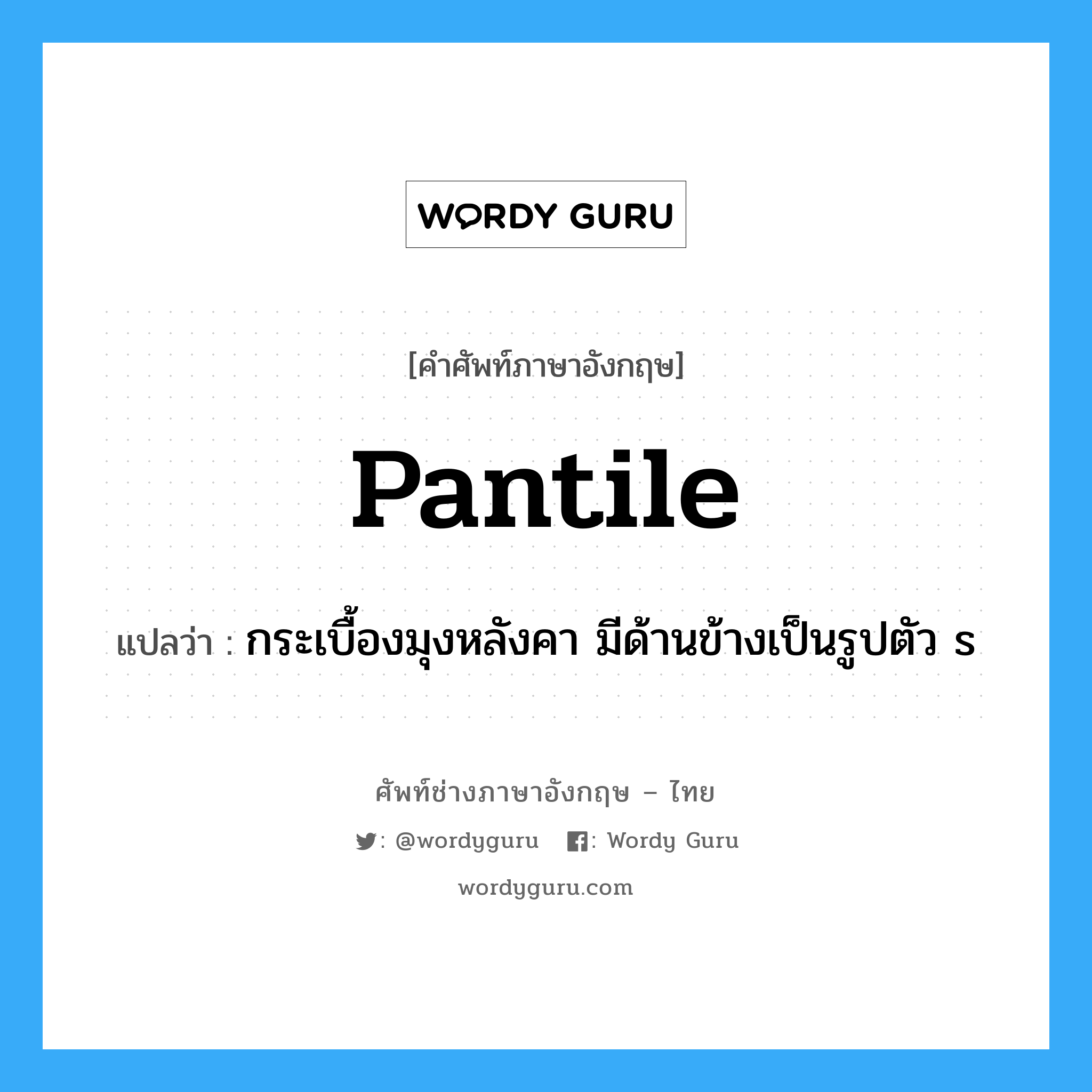pantile แปลว่า?, คำศัพท์ช่างภาษาอังกฤษ - ไทย pantile คำศัพท์ภาษาอังกฤษ pantile แปลว่า กระเบื้องมุงหลังคา มีด้านข้างเป็นรูปตัว s