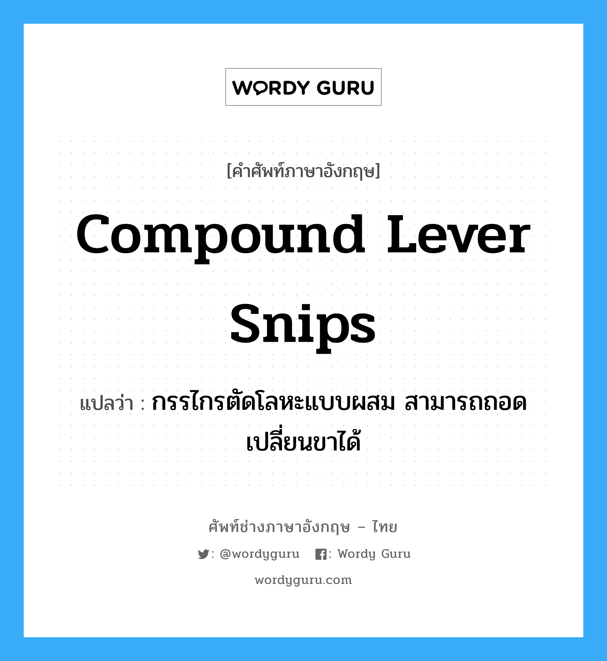 compound lever snips แปลว่า?, คำศัพท์ช่างภาษาอังกฤษ - ไทย compound lever snips คำศัพท์ภาษาอังกฤษ compound lever snips แปลว่า กรรไกรตัดโลหะแบบผสม สามารถถอดเปลี่ยนขาได้