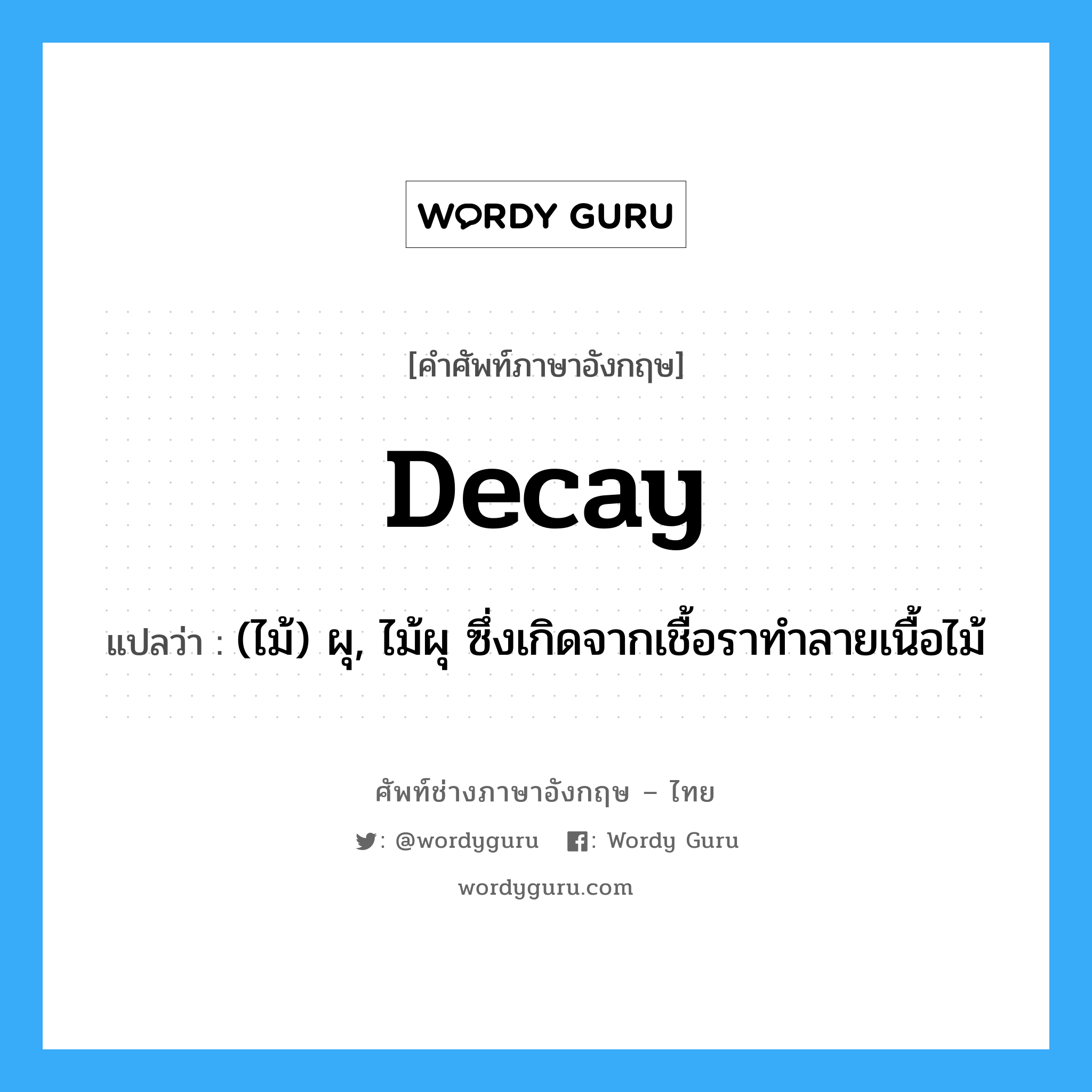 decay แปลว่า?, คำศัพท์ช่างภาษาอังกฤษ - ไทย decay คำศัพท์ภาษาอังกฤษ decay แปลว่า (ไม้) ผุ, ไม้ผุ ซึ่งเกิดจากเชื้อราทำลายเนื้อไม้