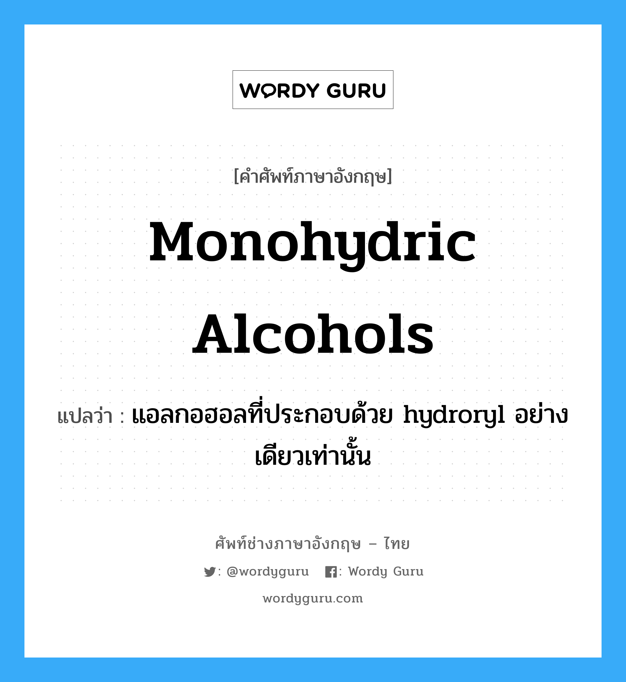 monohydric alcohols แปลว่า?, คำศัพท์ช่างภาษาอังกฤษ - ไทย monohydric alcohols คำศัพท์ภาษาอังกฤษ monohydric alcohols แปลว่า แอลกอฮอลที่ประกอบด้วย hydroryl อย่างเดียวเท่านั้น
